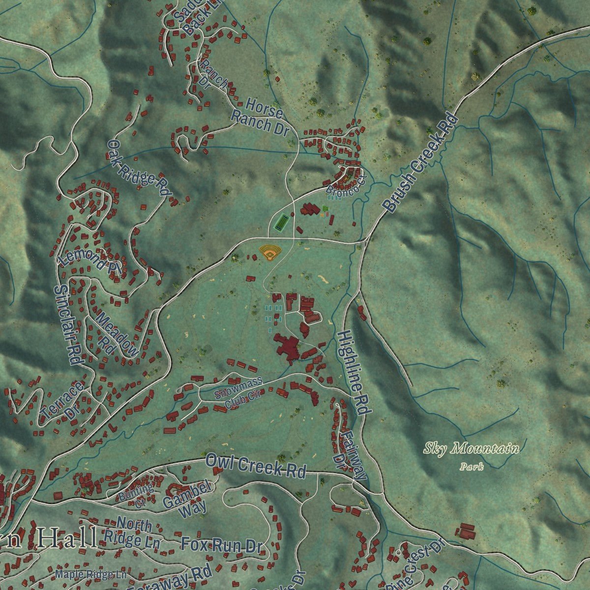 Close-up of the map of Snowmass Village, Colorado print showing street and building detail