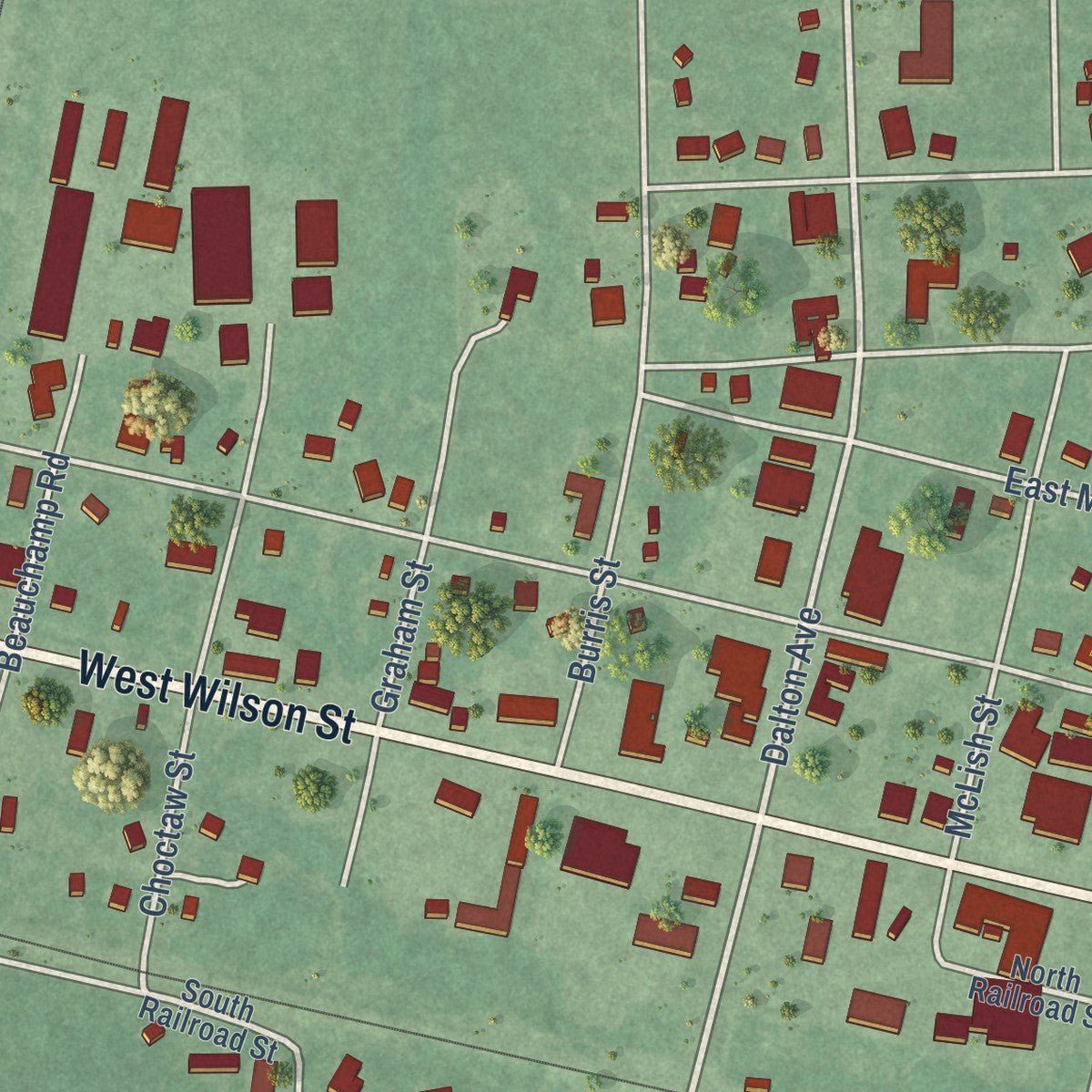 Close-up of the map of Valliant, Oklahoma print showing street and building detail