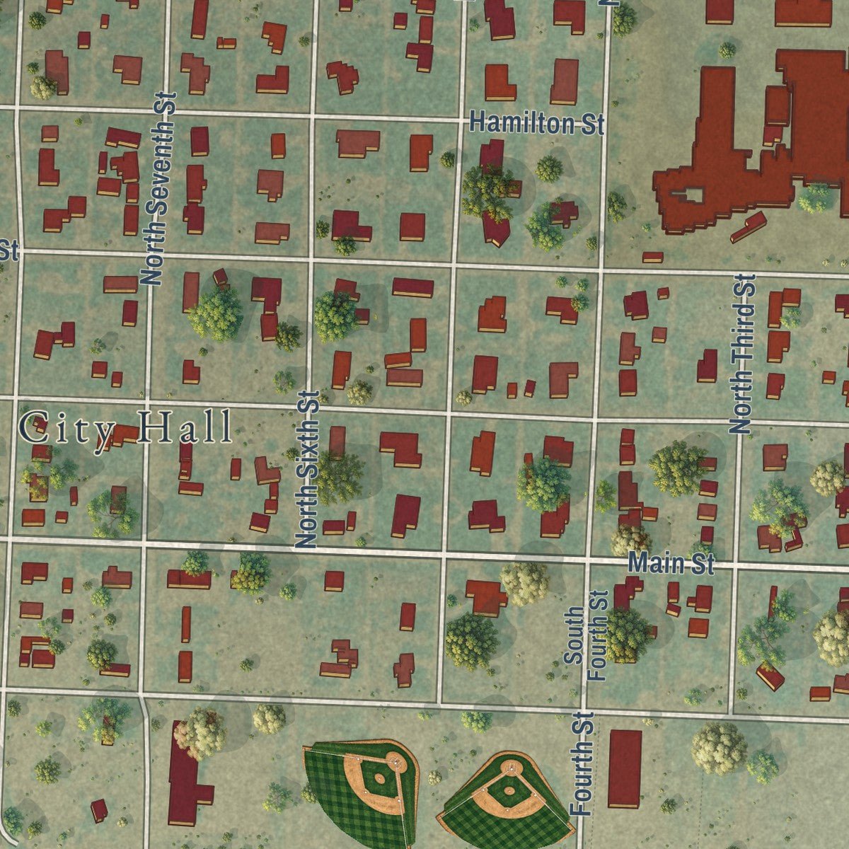 Close-up of the map of Vega, Texas print showing street and building detail