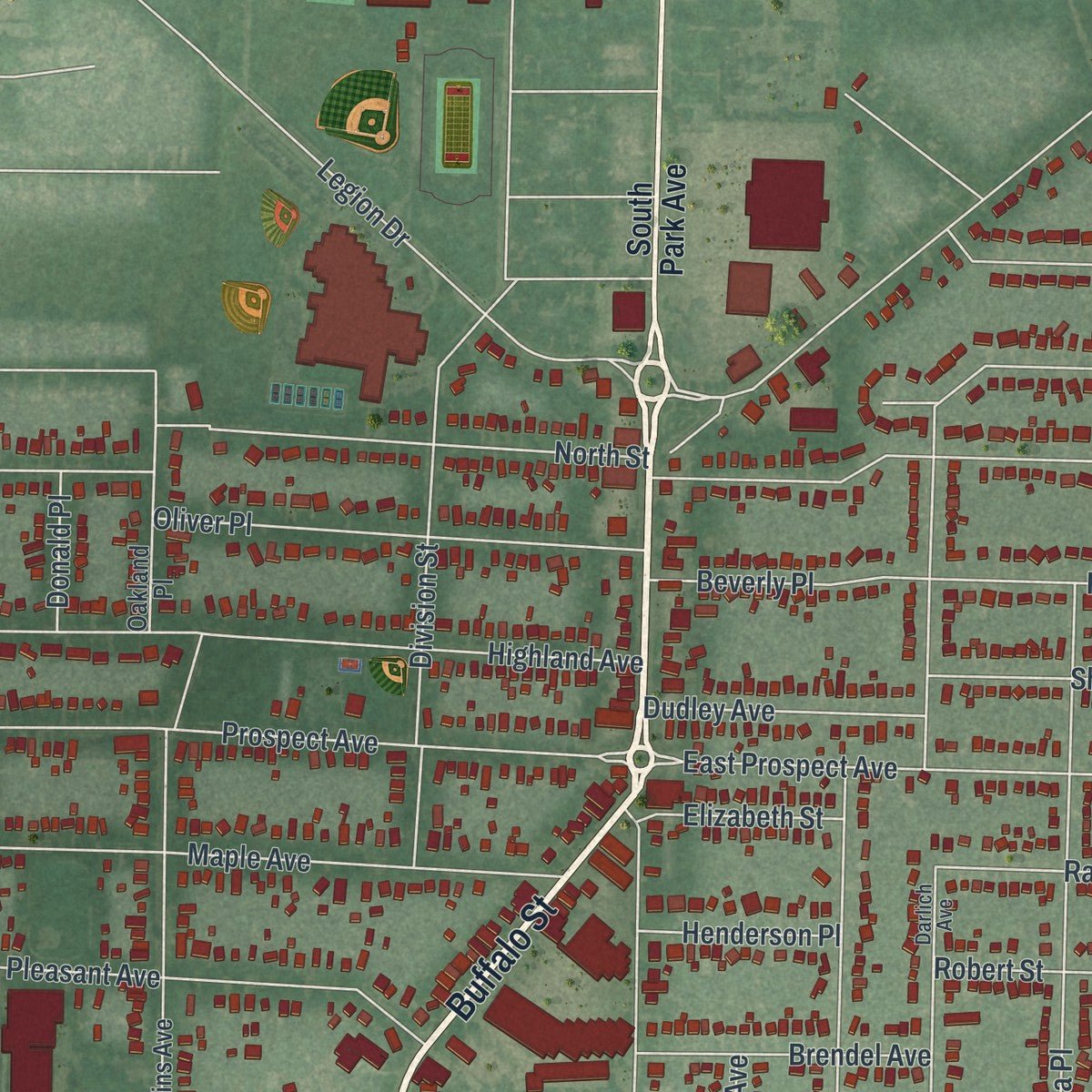 Close-up of the map of the Village of Hamburg, New York print showing street and building detail