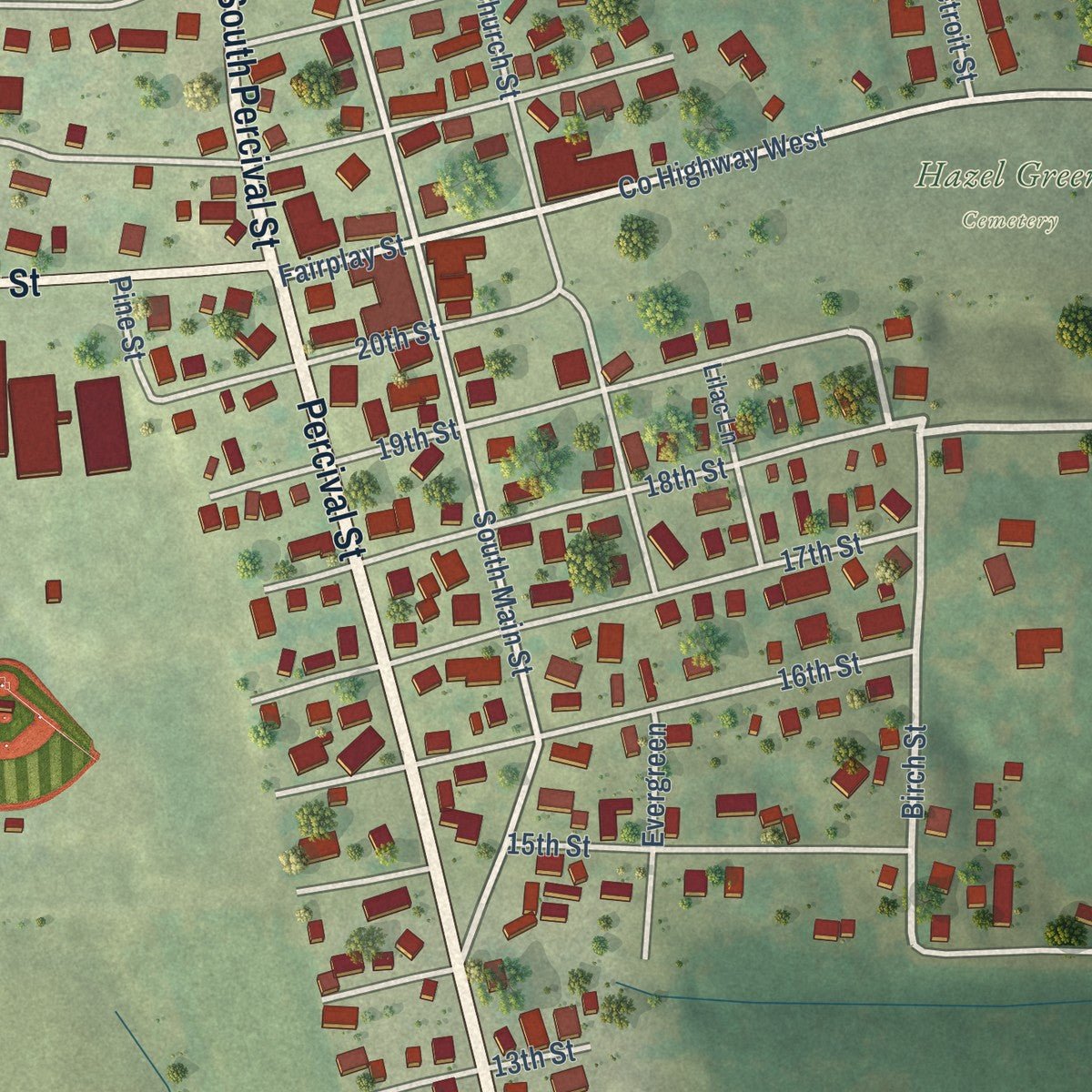Close-up of the map of Hazel Green, Wisconsin print showing street and building detail