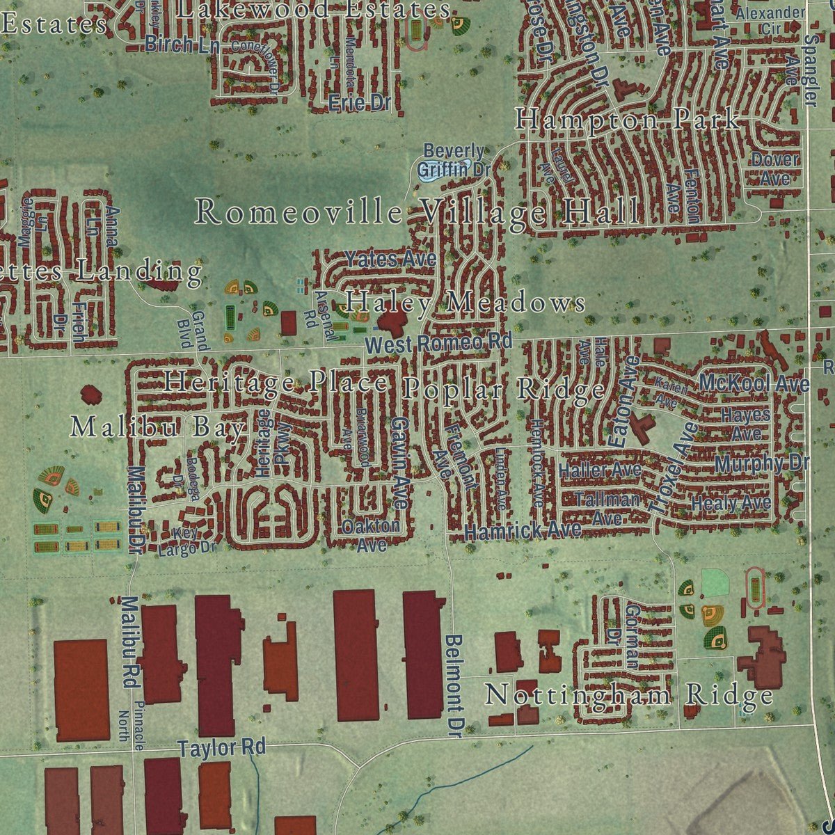 Close-up of the map of Romeoville, Illinois print showing street and building detail