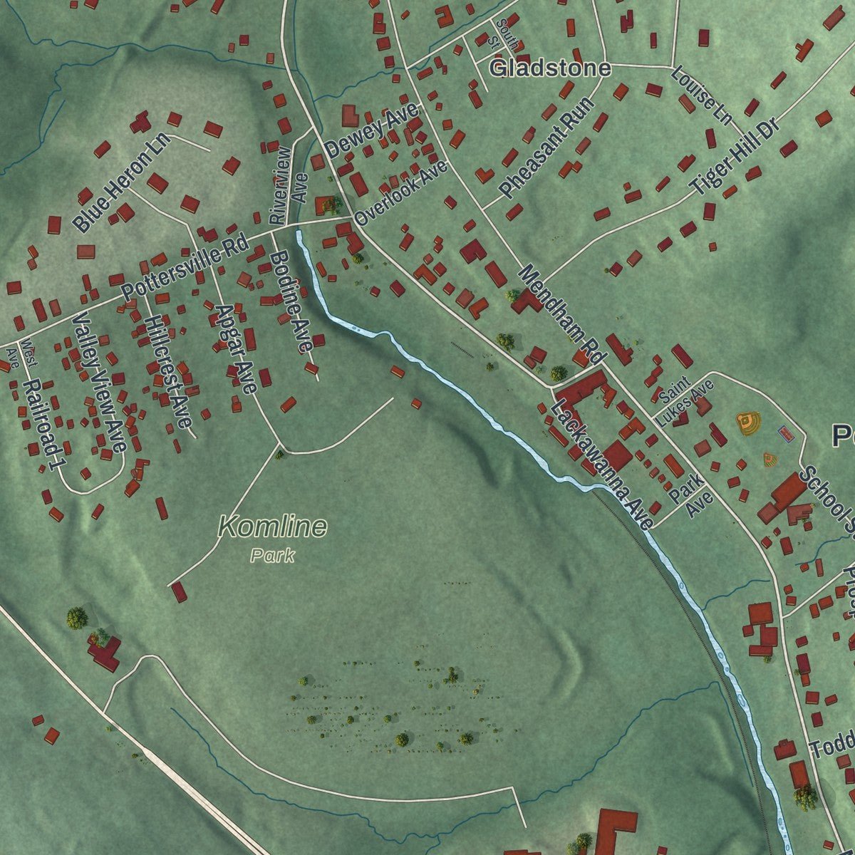 Close-up of the map of Peapack and Gladstone, New Jersey print showing street and building detail