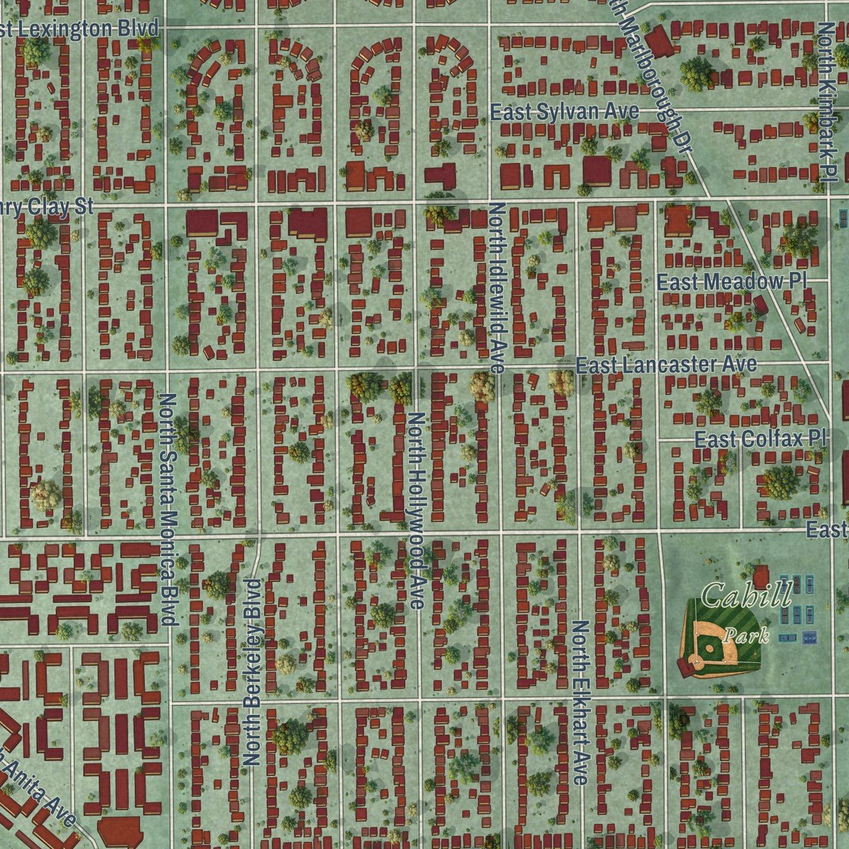 Close-up of the map of Whitefish Bay, Wisconsin print showing street and building detail