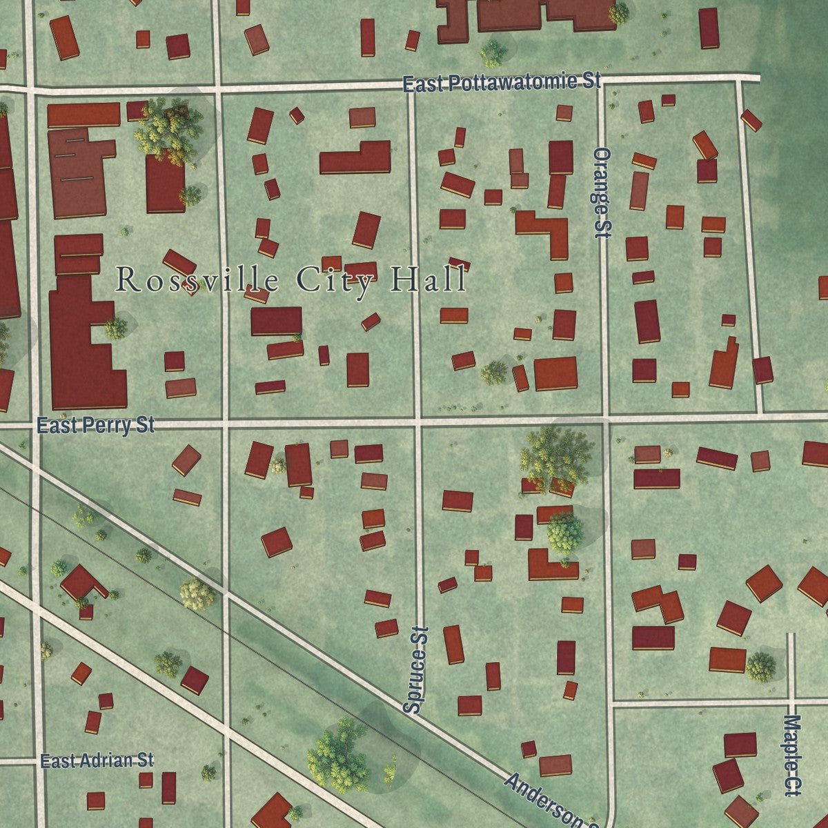 Close-up of the map of Rossville, Kansas print showing street and building detail
