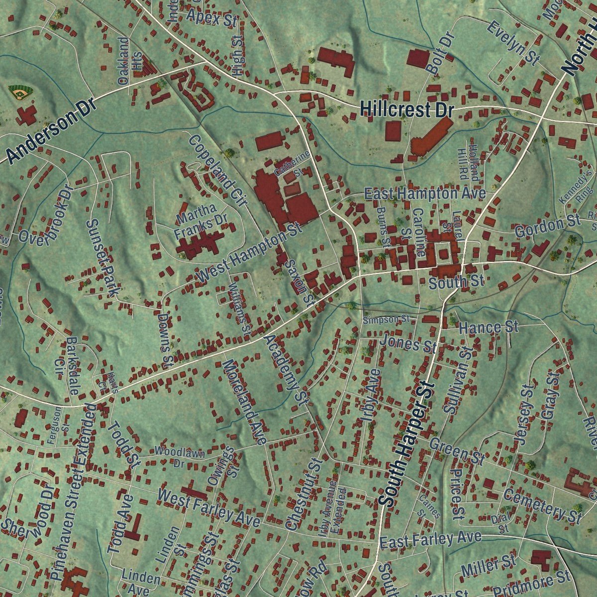 Close-up of the map of Laurens, South Carolina print showing street and building detail