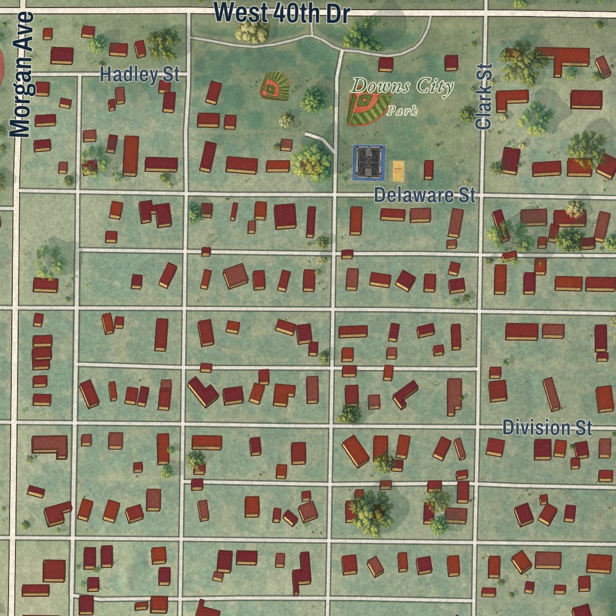 Close-up of the map of Downs, Kansas print showing street and building detail