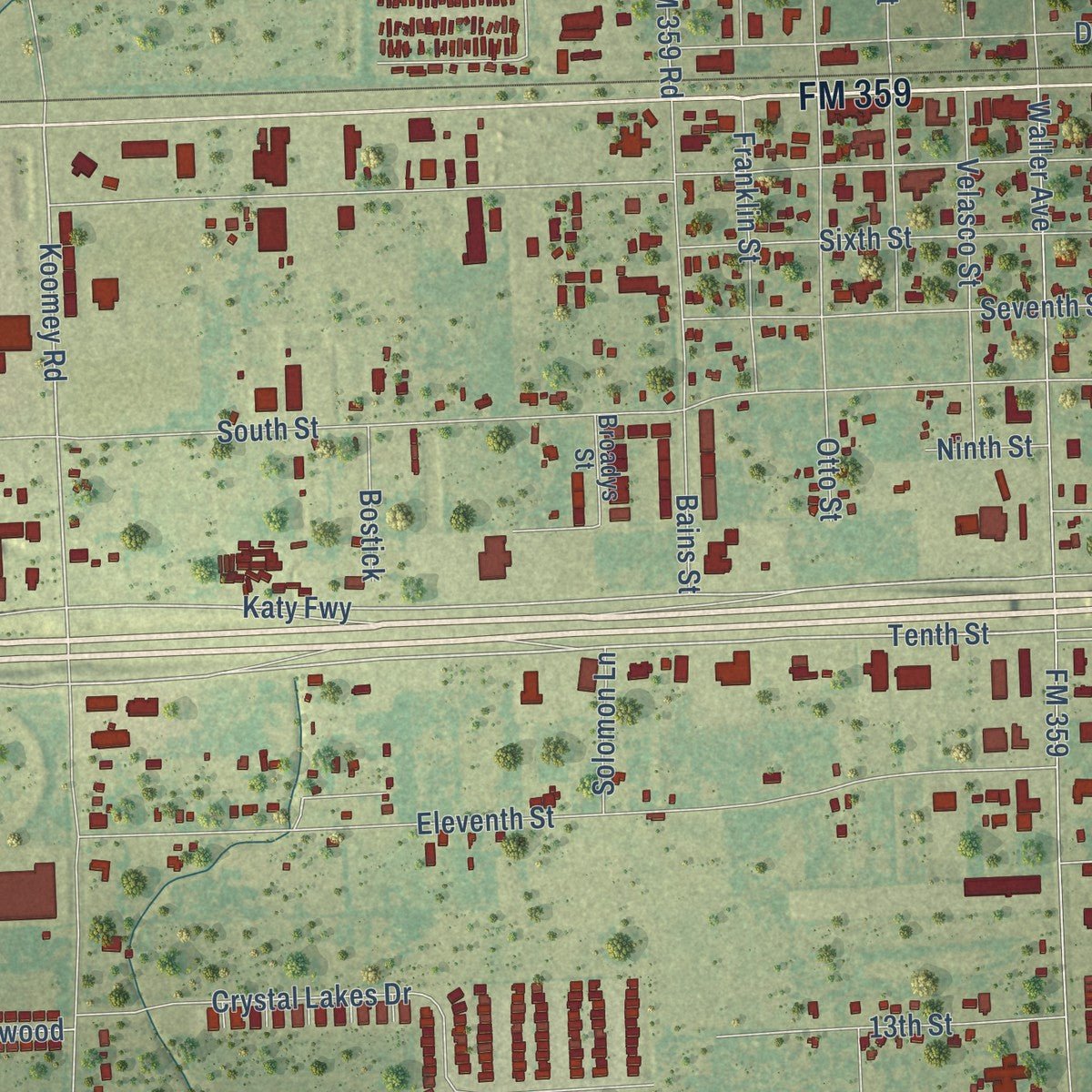 Close-up of the map of Brookshire, Texas print showing street and building detail