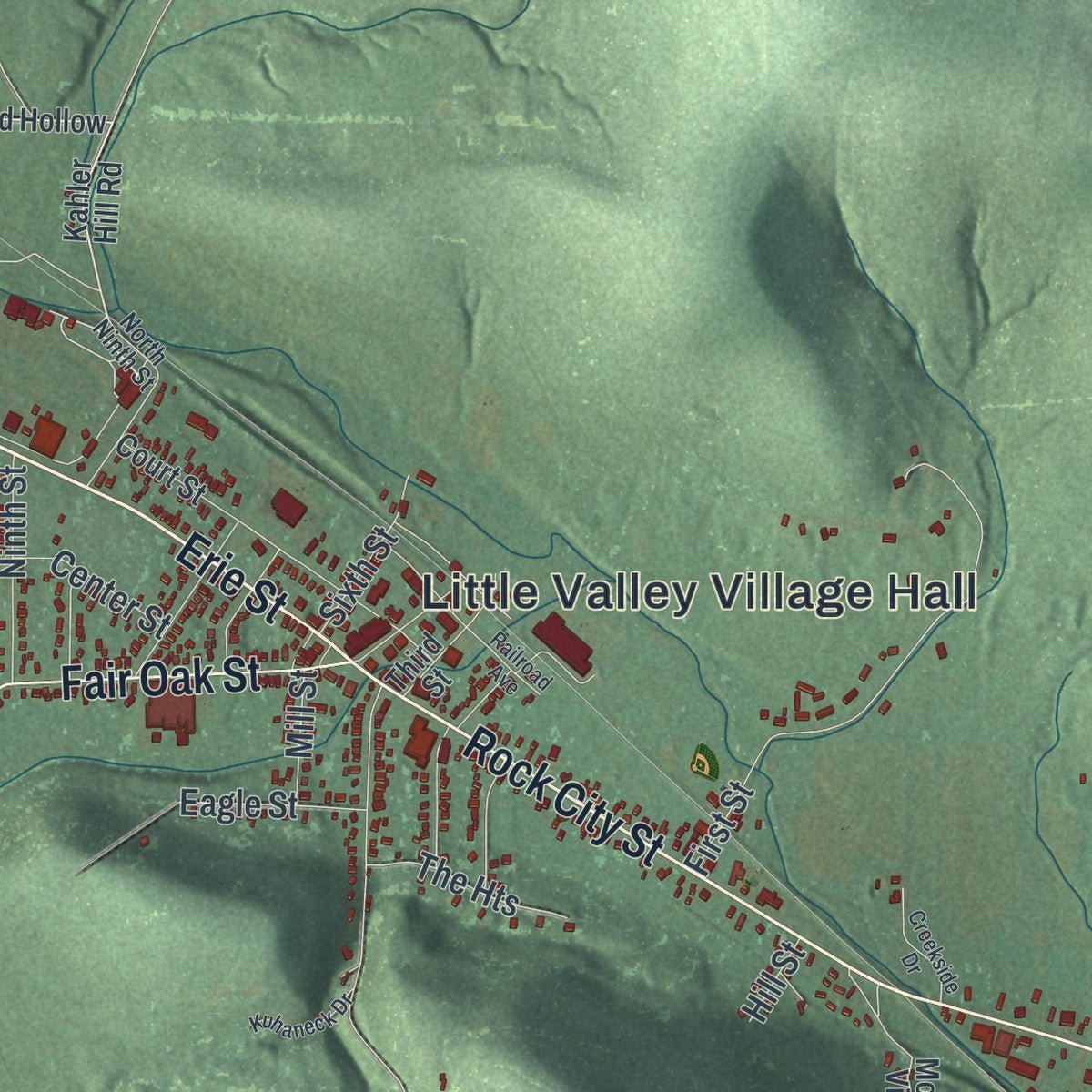 Close-up of the map of Little Valley, New York print showing street and building detail