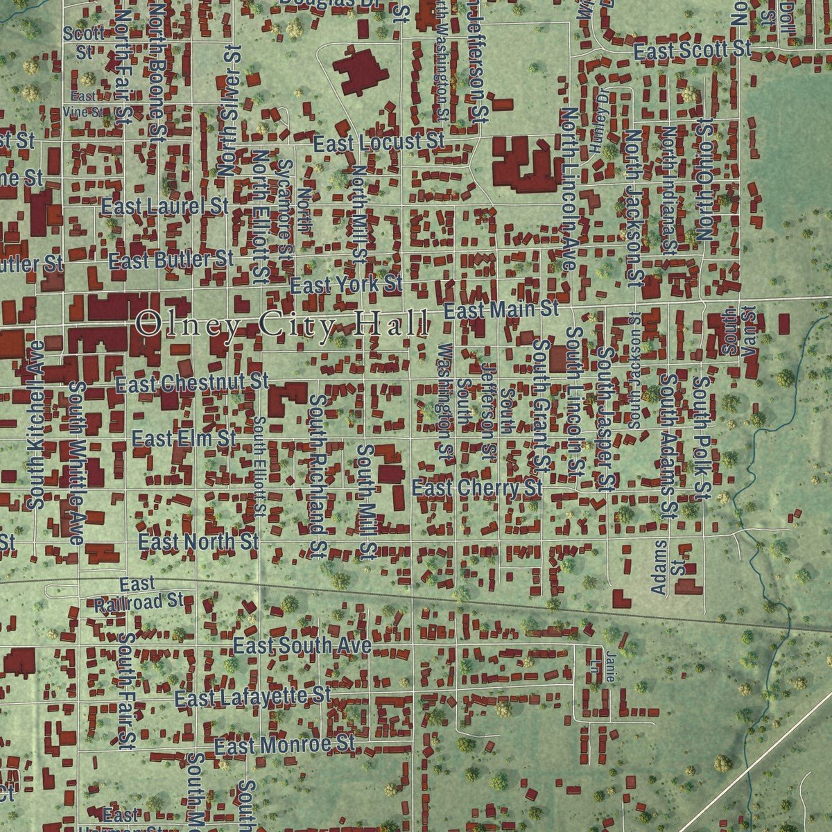 Close-up of the map of Olney, Illinois print showing street and building detail