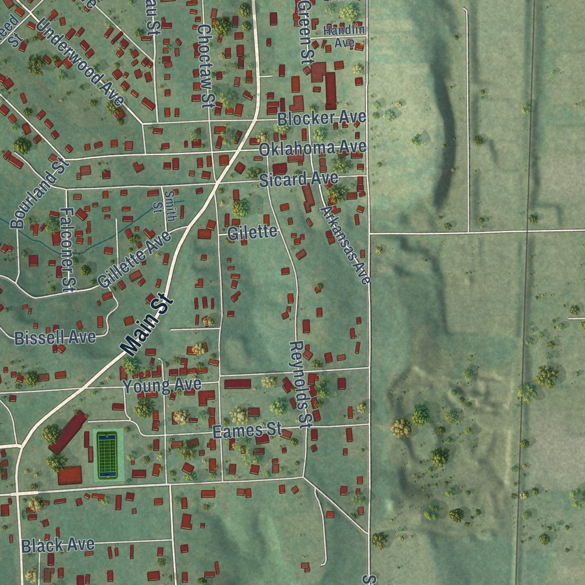 Close-up of the map of Arkoma, Oklahoma print showing street and building detail