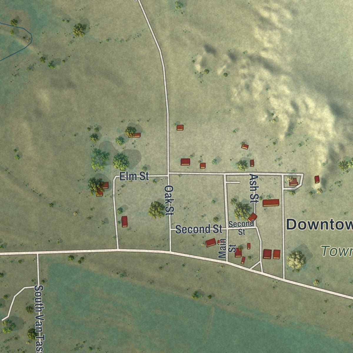 Close-up of the map of Van Tassell, Wyoming print showing street and building detail