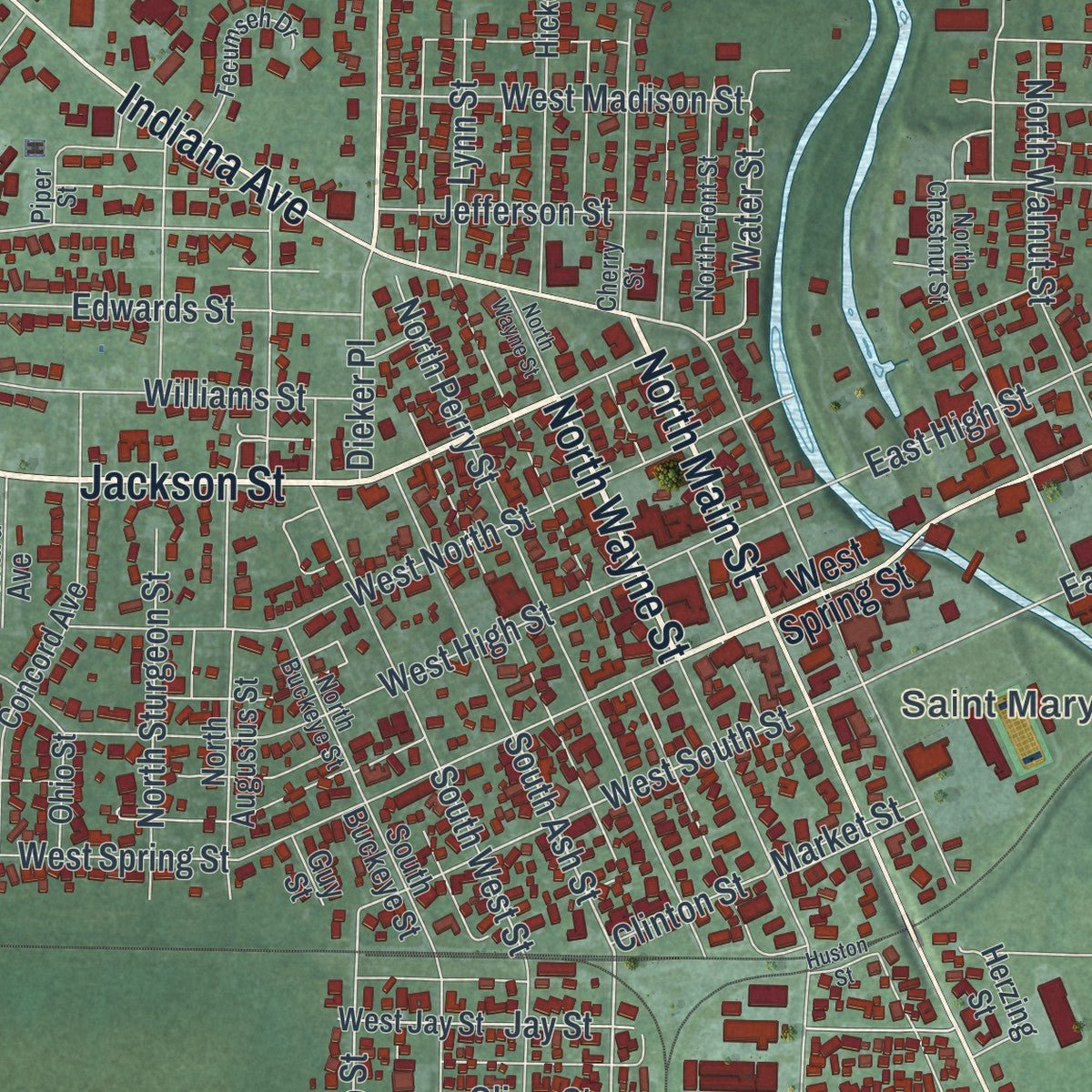 Close-up of the map of St. Marys, Ohio print showing street and building detail