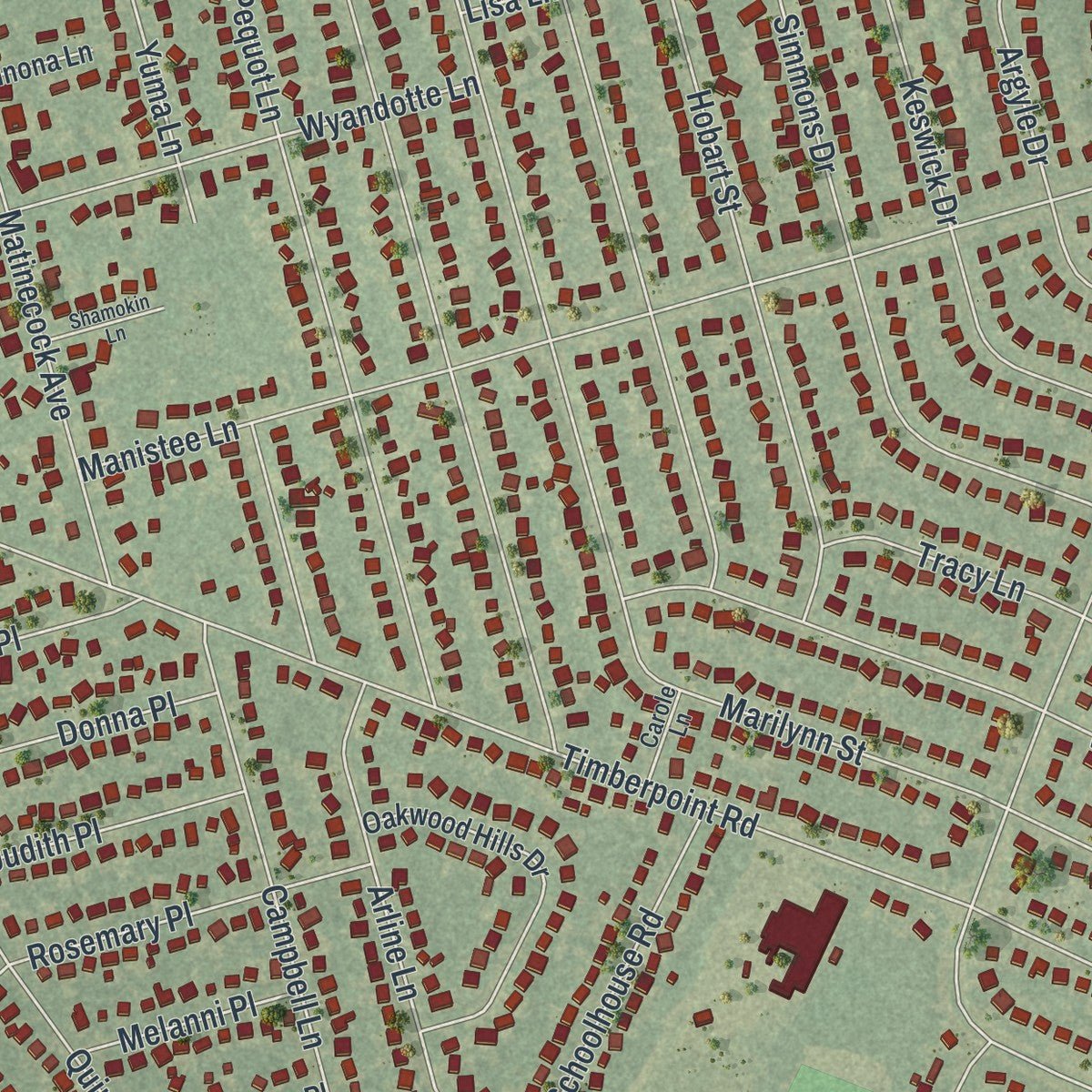 Close-up of the map of East Islip, New York print showing street and building detail