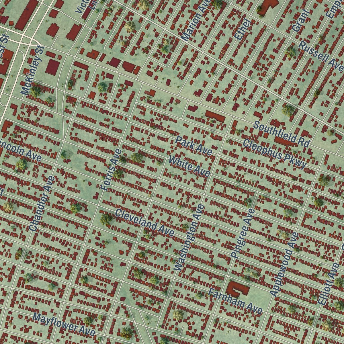 Close-up of the map of Lincoln Park, Michigan print showing street and building detail