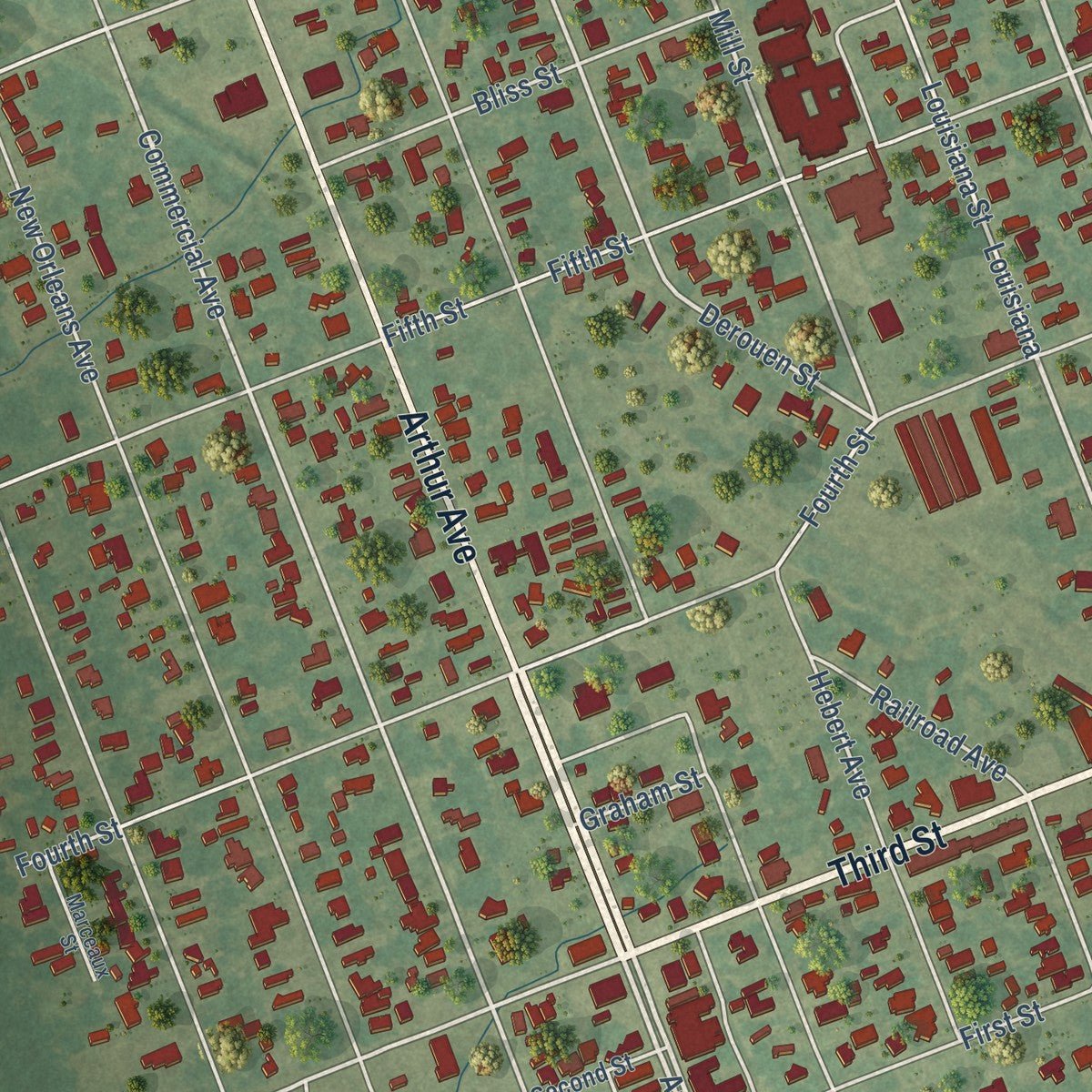 Close-up of the map of Lake Arthur, Louisiana print showing street and building detail