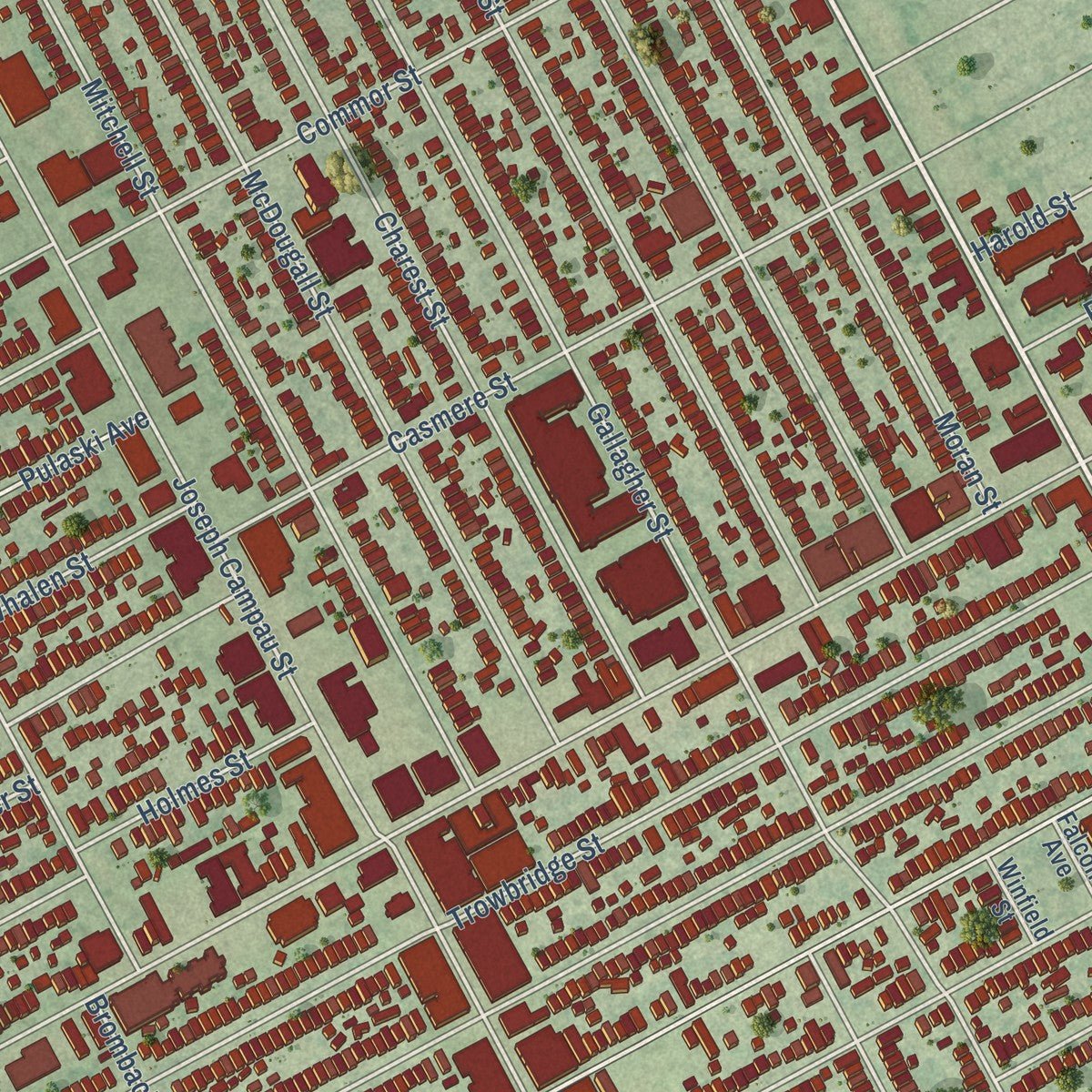 Close-up of the map of Hamtramck, Michigan print showing street and building detail