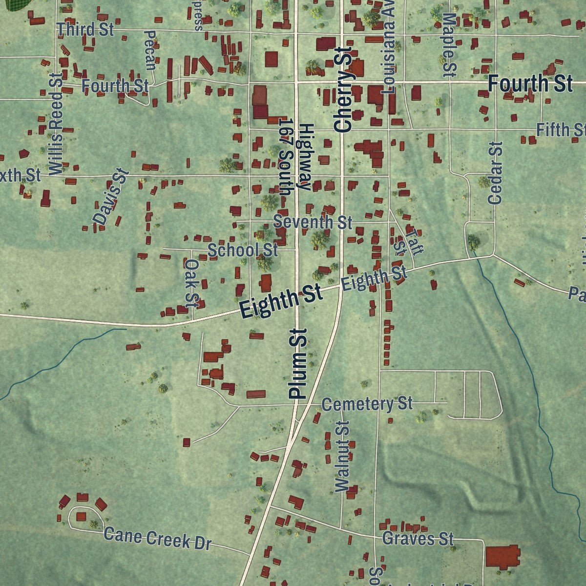 Close-up of the map of Bernice, Louisiana print showing street and building detail
