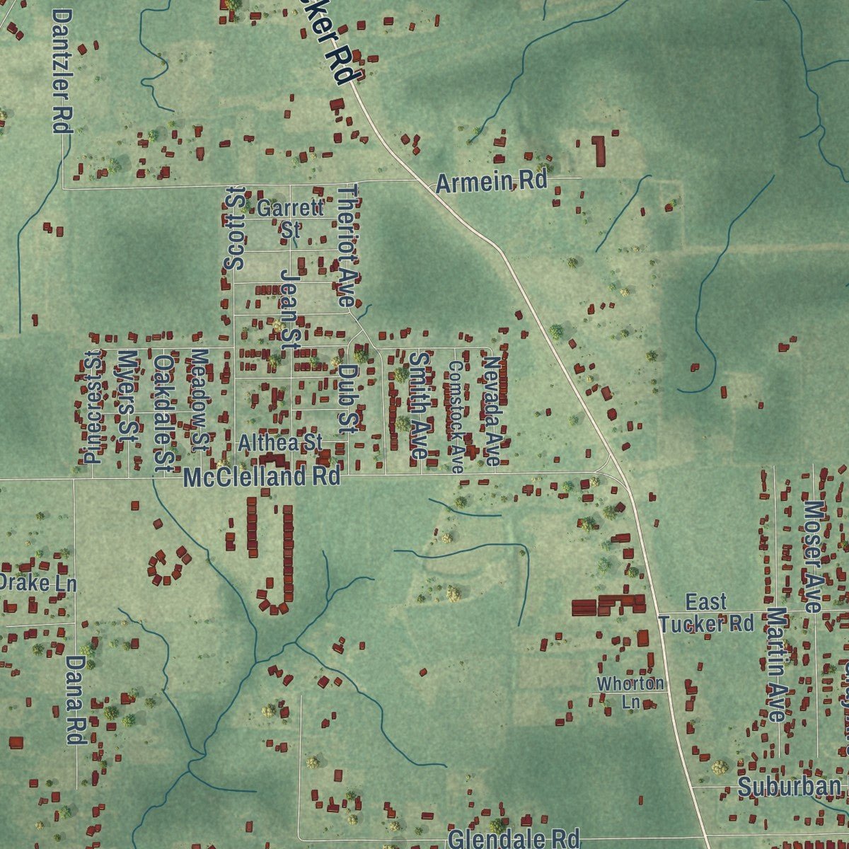 Close-up of the map of Latimer, Mississippi print showing street and building detail