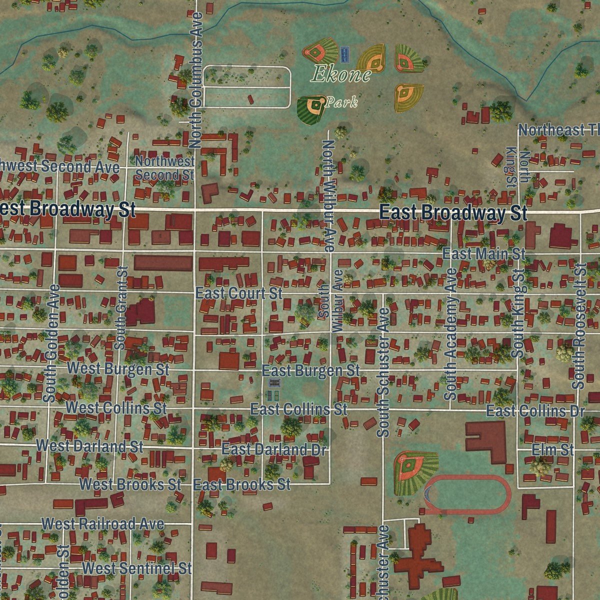 Close-up of the map of Goldendale, Washington print showing street and building detail