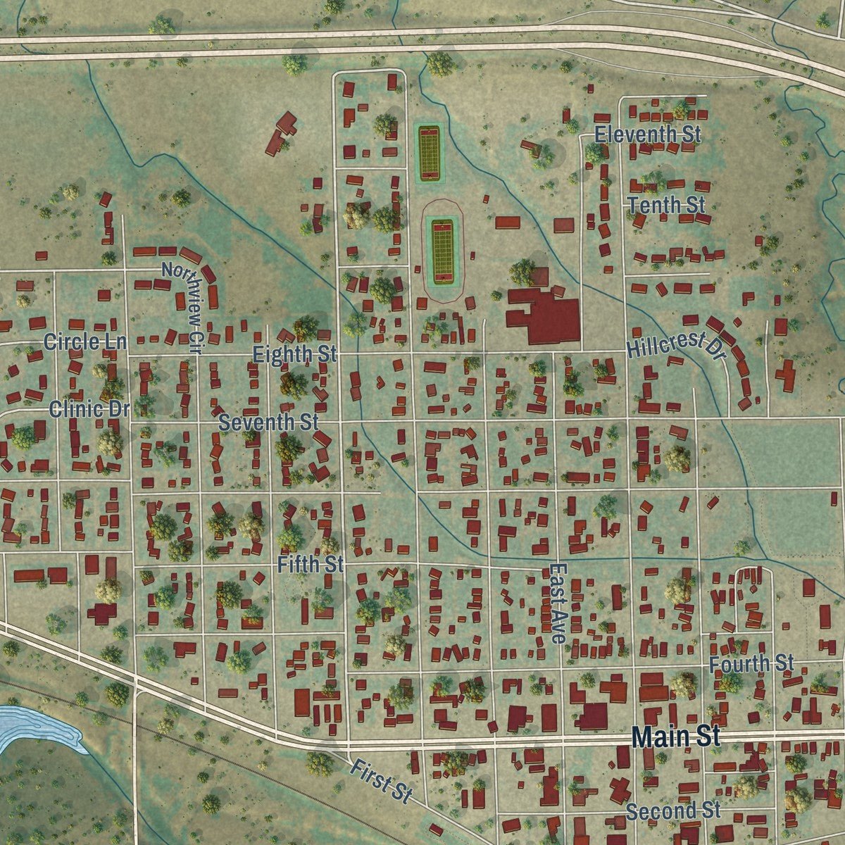 Close-up of the map of Limon, Colorado print showing street and building detail