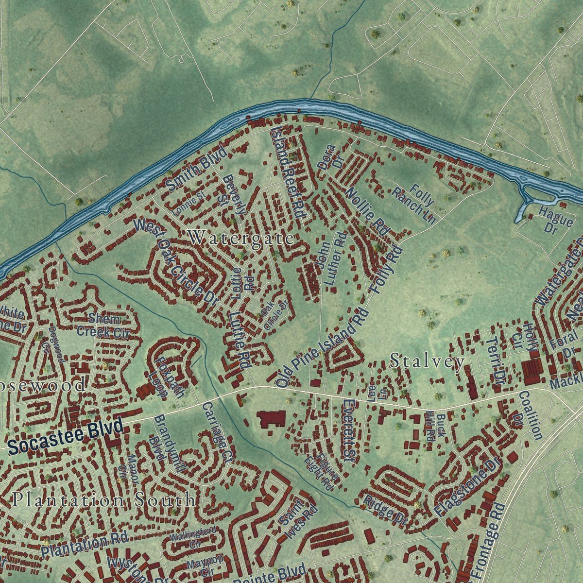 Close-up of the map of Socastee, South Carolina print showing street and building detail