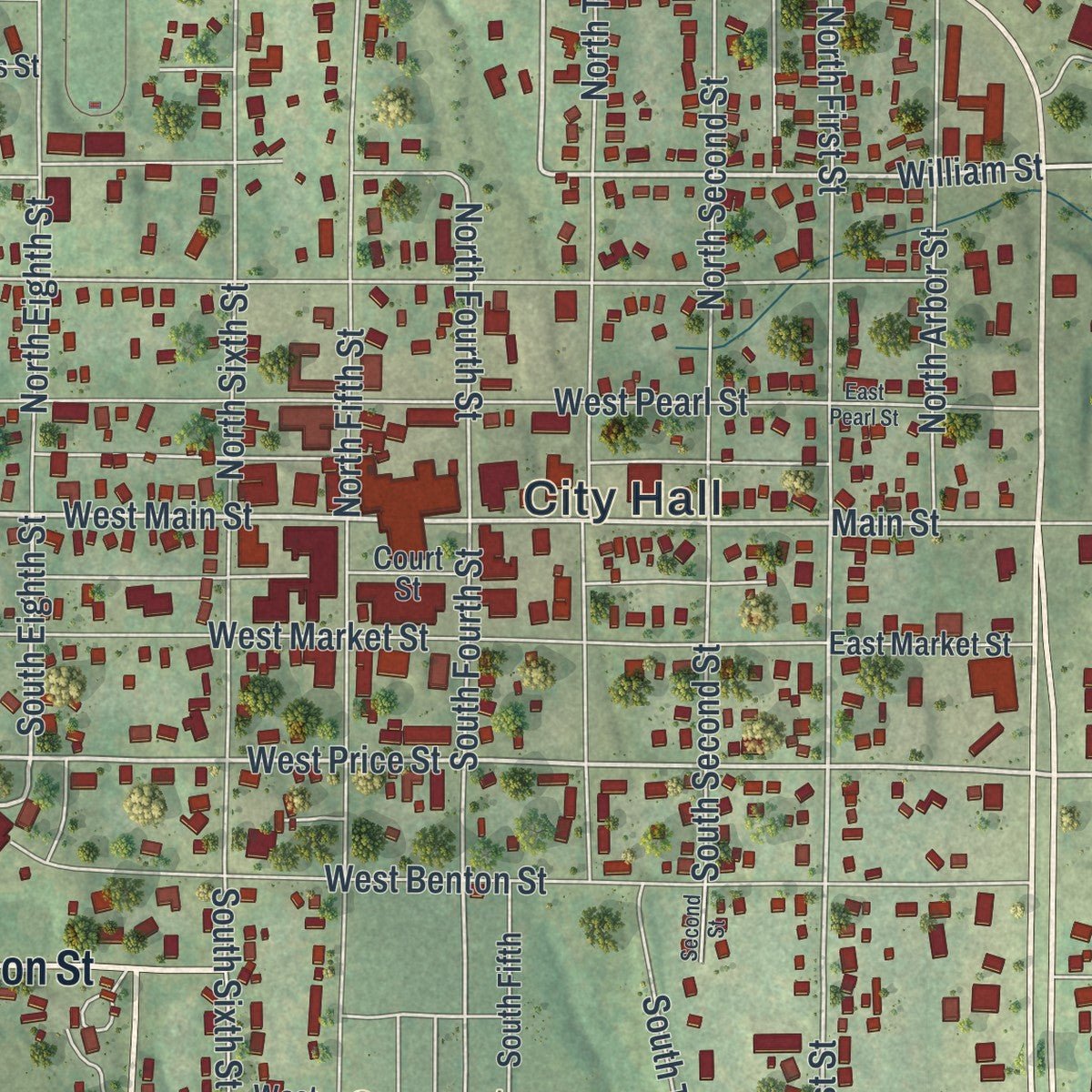 Close-up of the map of Savannah, Missouri print showing street and building detail