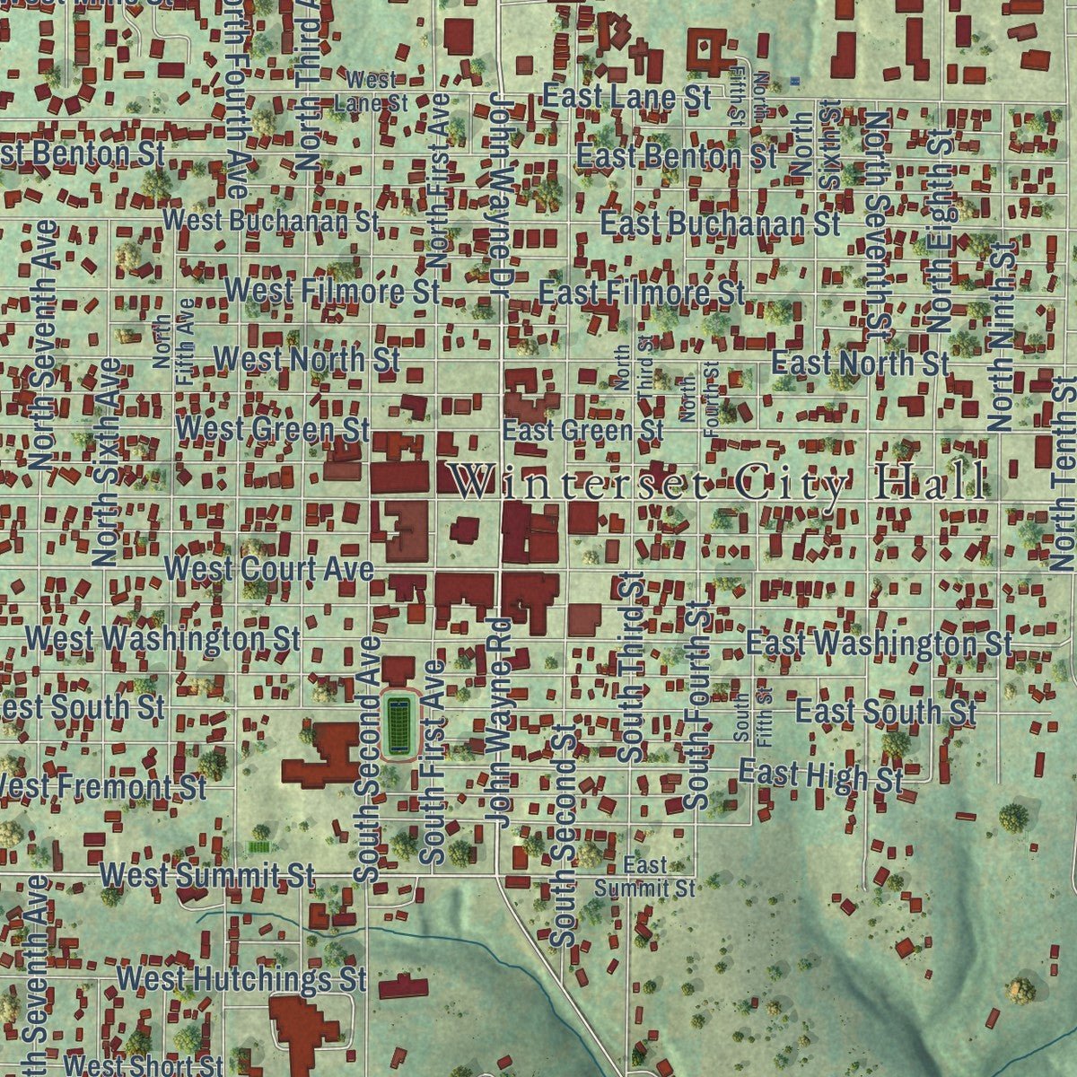 Close-up of the map of Winterset, Iowa print showing street and building detail