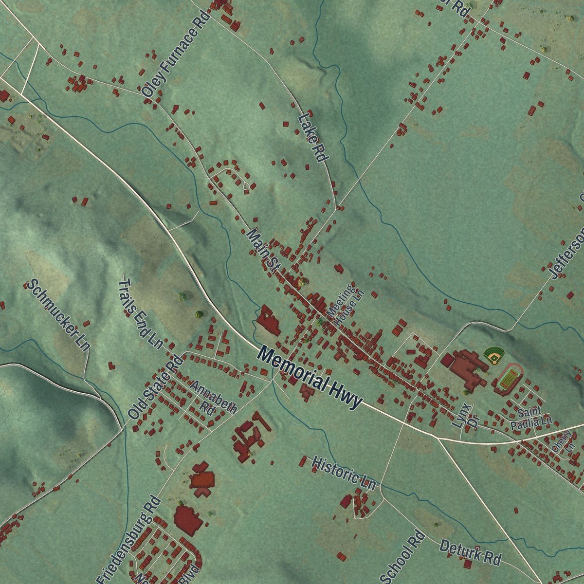 Close-up of the map of Oley, Pennsylvania print showing street and building detail