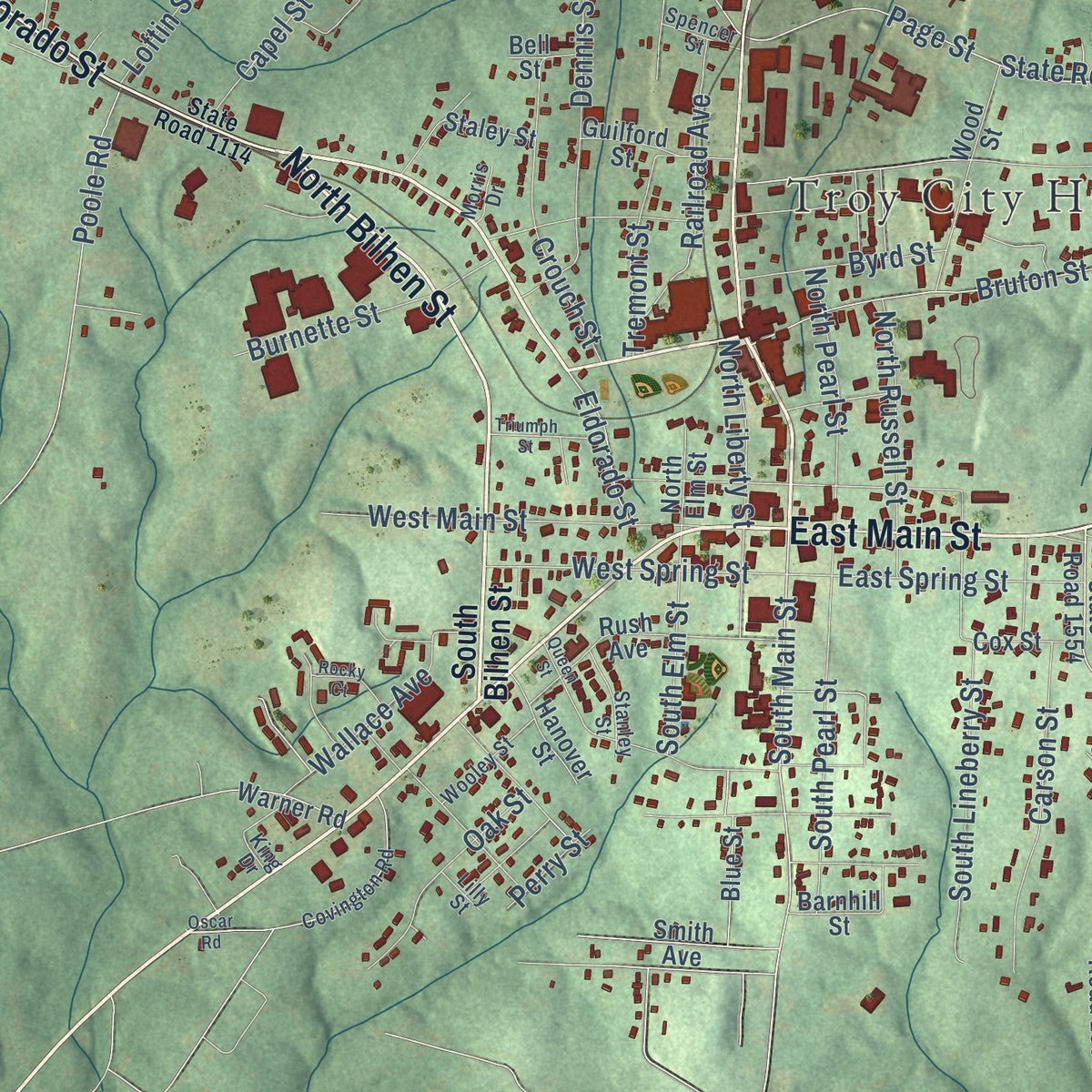 Close-up of the map of Troy, North Carolina print showing street and building detail
