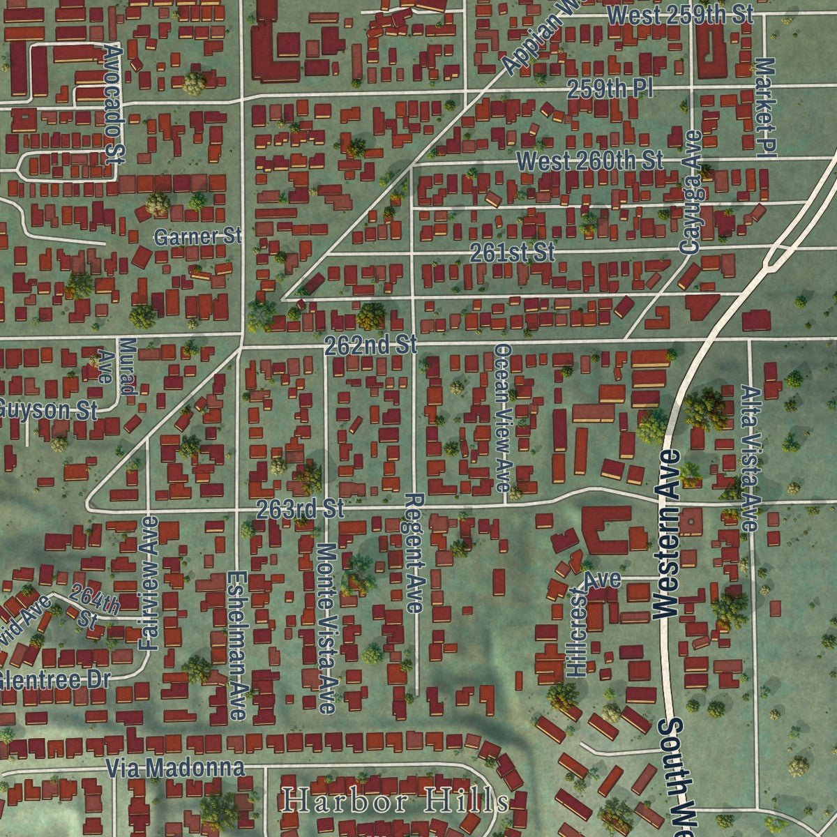 Close-up of the map of Lomita, California print showing street and building detail