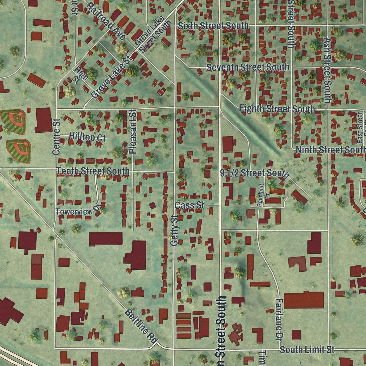 Close-up of the map of Sauk Centre, Minnesota print showing street and building detail