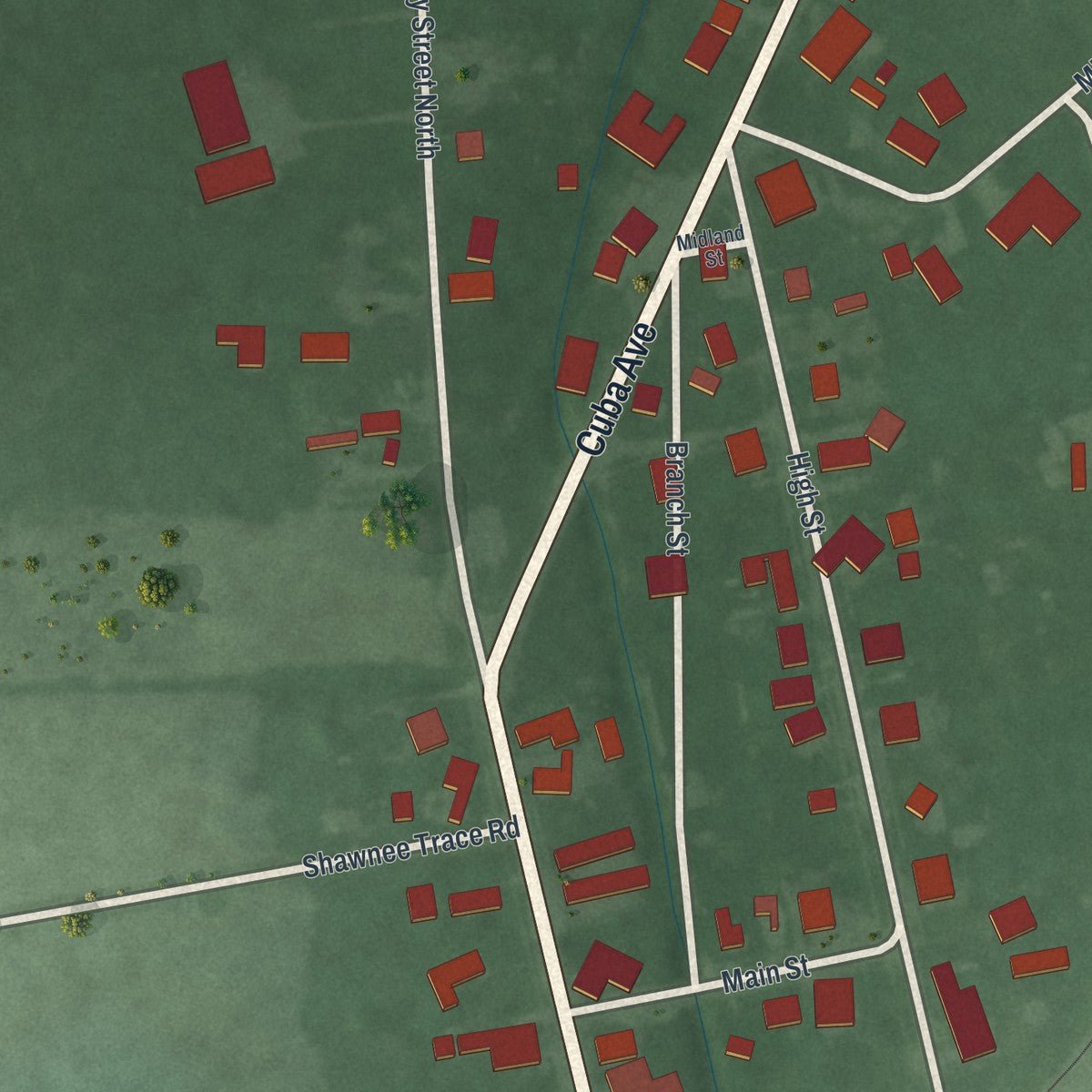 Close-up of the map of Midland, Ohio print showing street and building detail