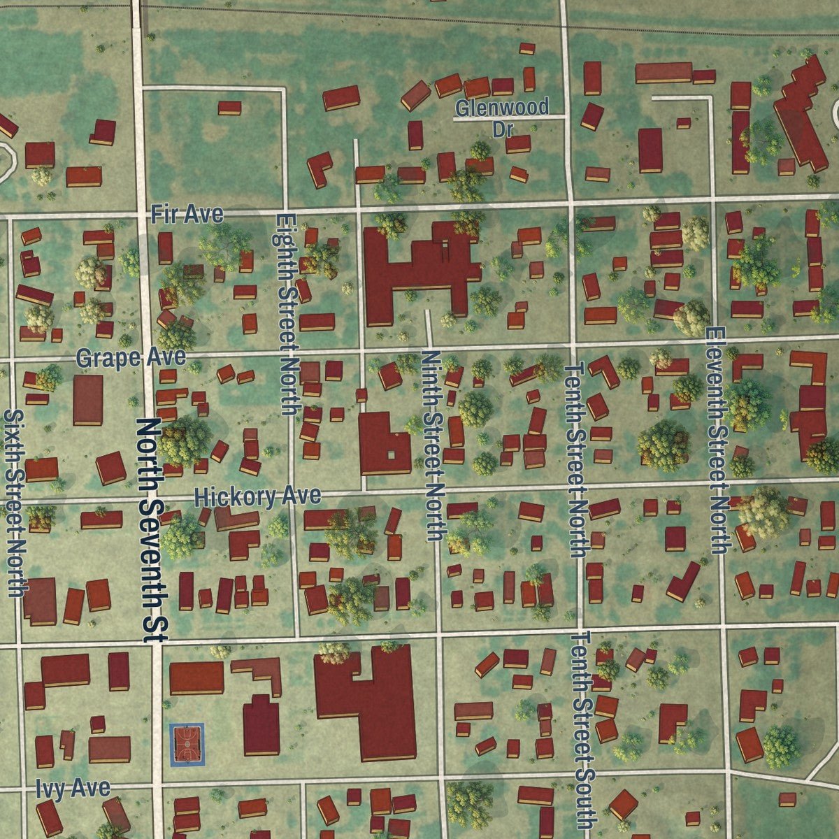 Close-up of the map of Oakes, North Dakota print showing street and building detail