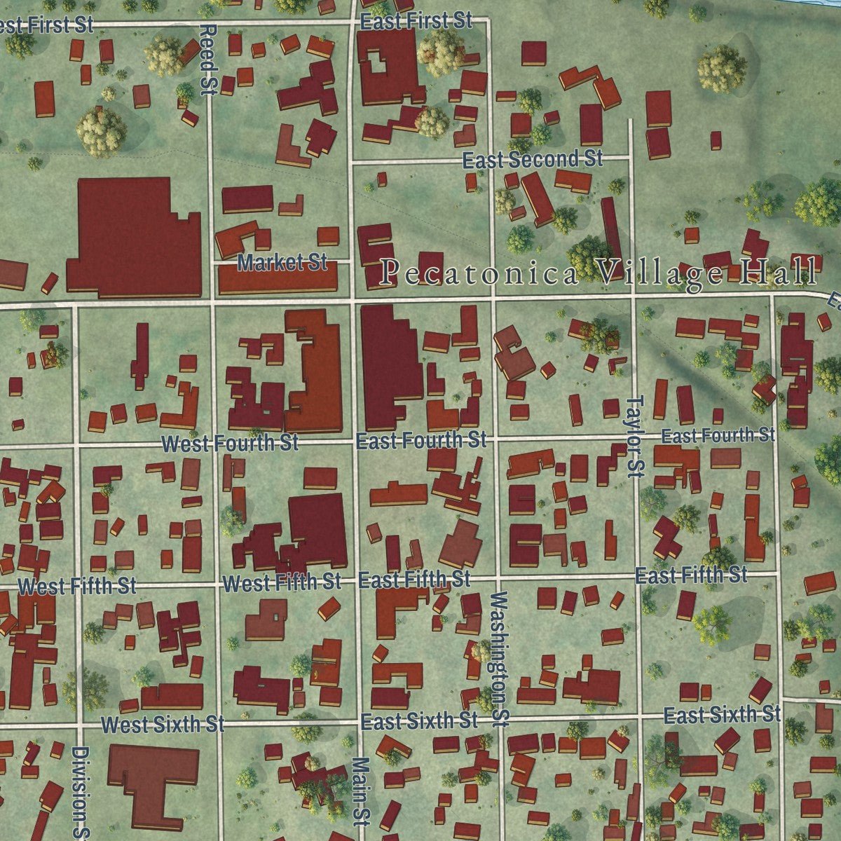 Close-up of the map of Pecatonica, Illinois print showing street and building detail