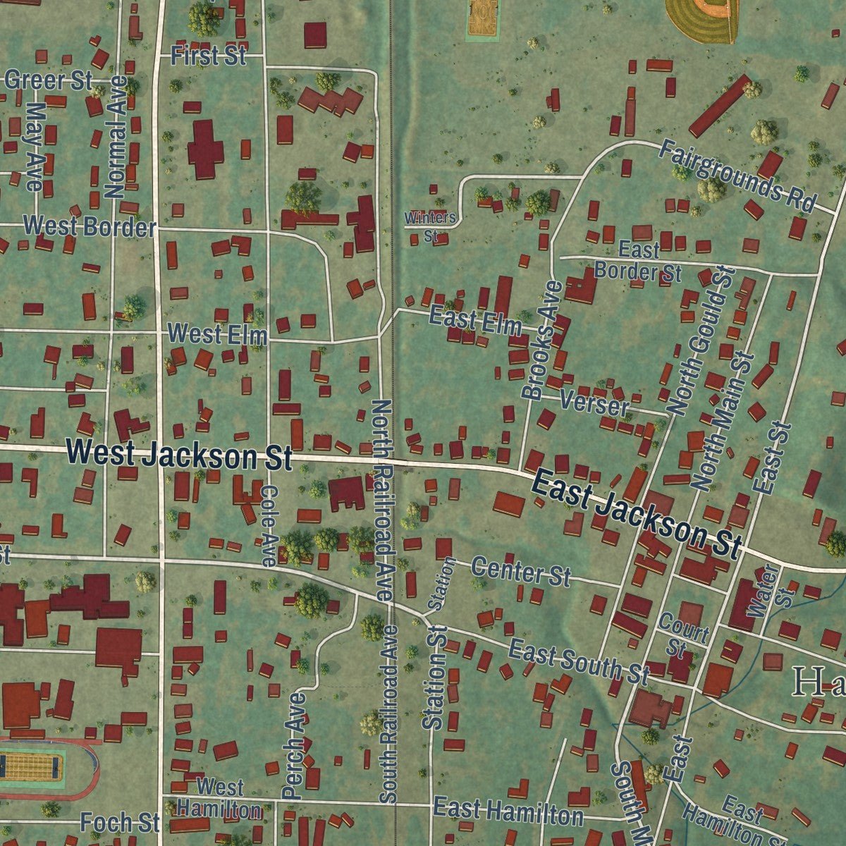 Close-up of the map of Harrisburg, Arkansas print showing street and building detail