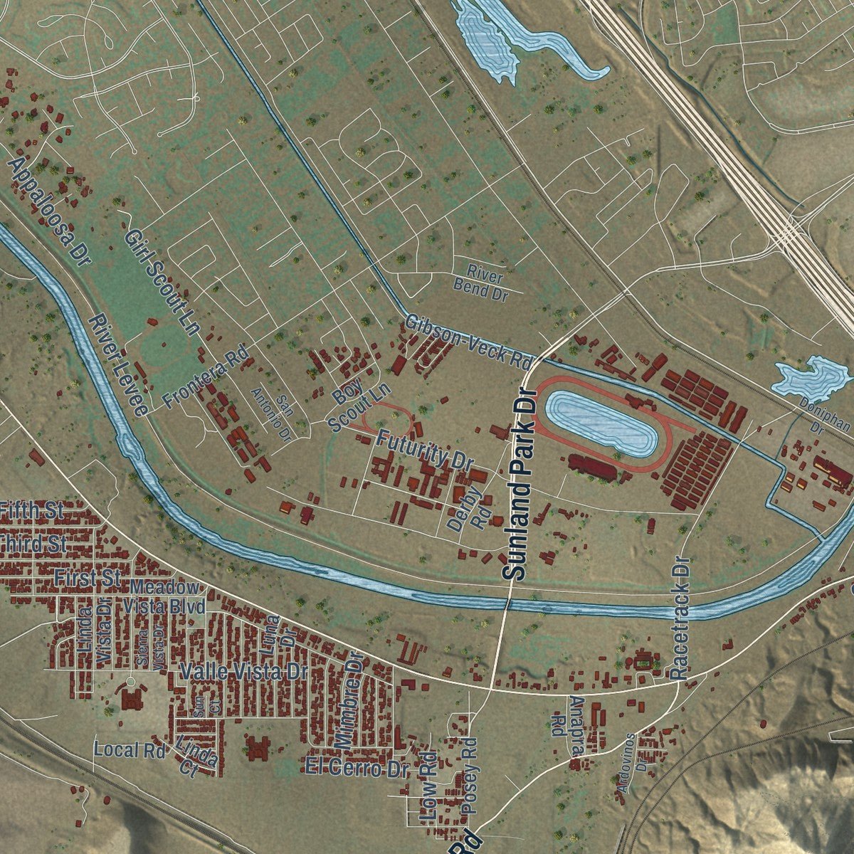 Close-up of the map of Sunland Park, New Mexico print showing street and building detail