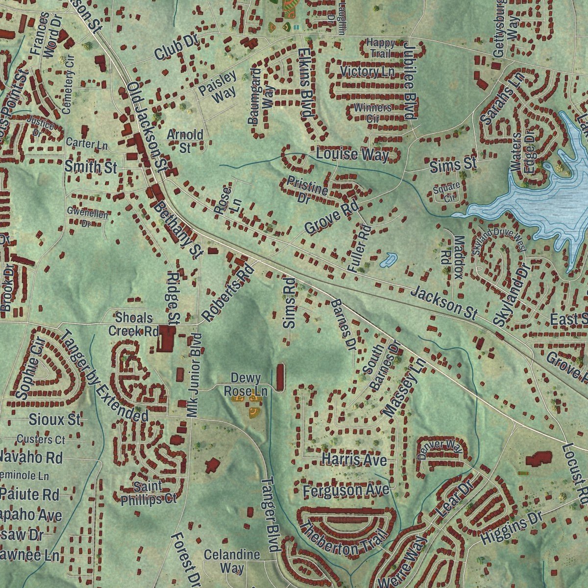 Close-up of the map of Locust Grove, Georgia print showing street and building detail