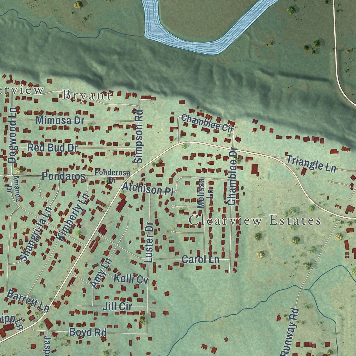Close-up of the map of Southside, Arkansas print showing street and building detail