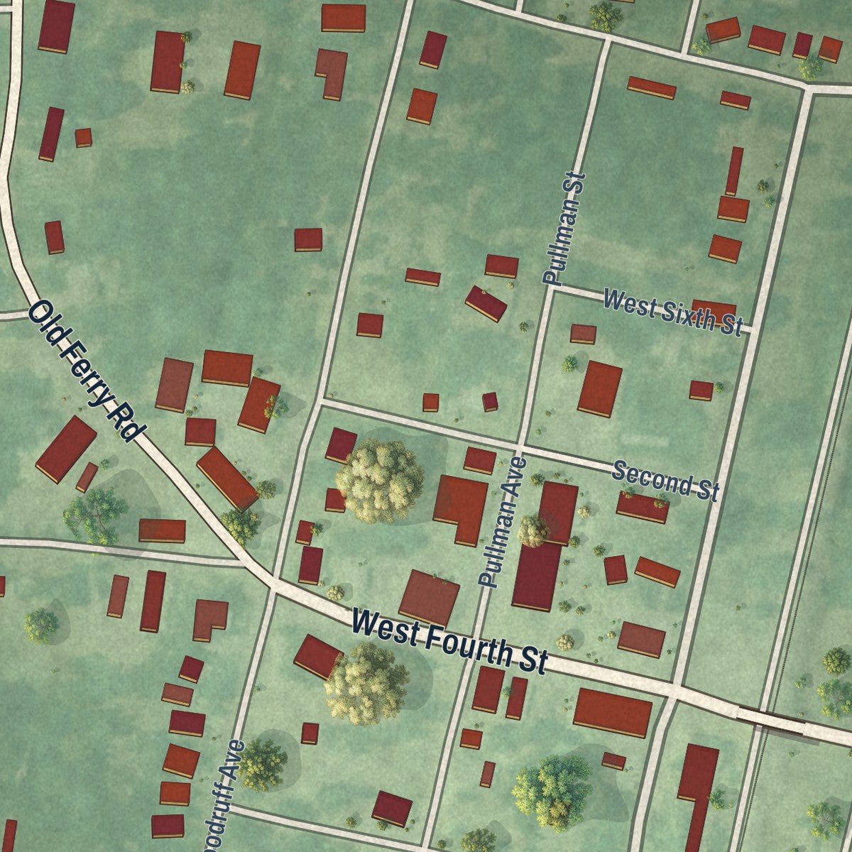 Close-up of the map of Bradley, Arkansas print showing street and building detail