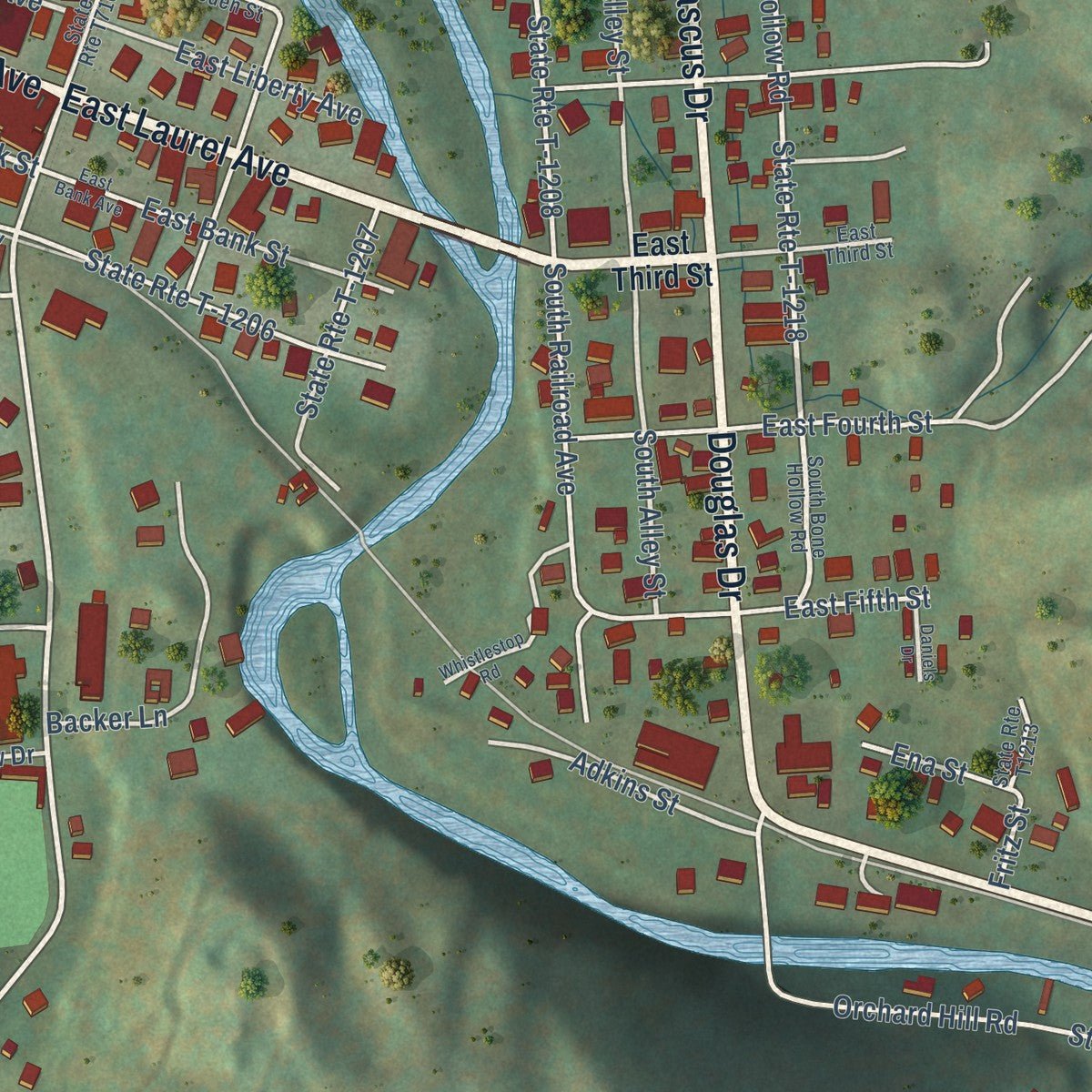 Close-up of the map of Damascus, Virginia print showing street and building detail
