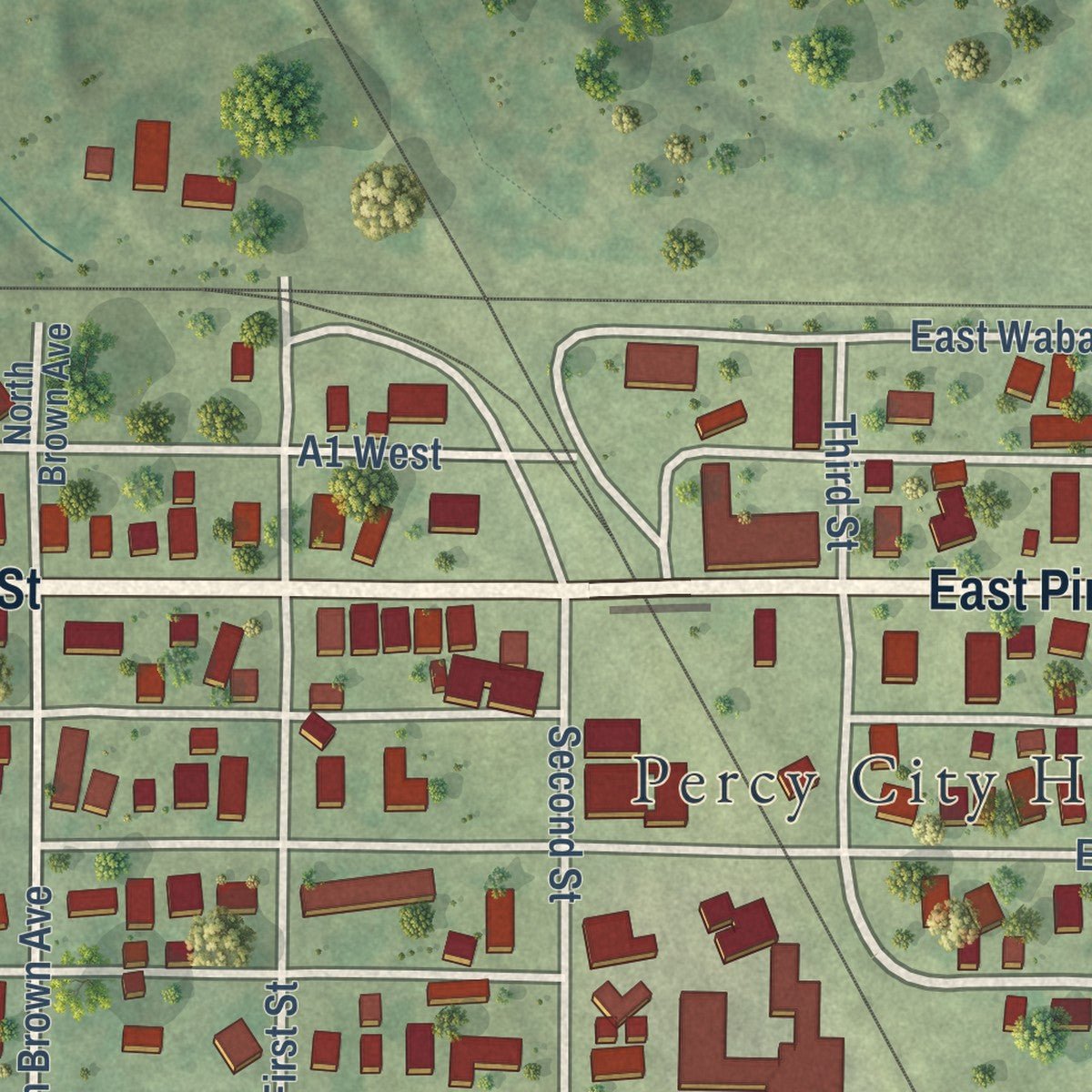 Close-up of the map of Percy, Illinois print showing street and building detail