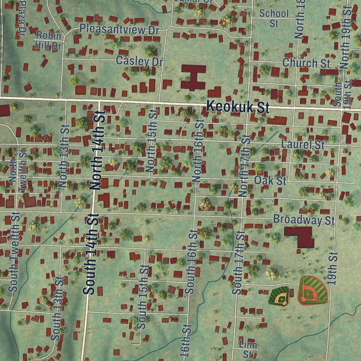 Close-up of the map of Hamilton, Illinois print showing street and building detail
