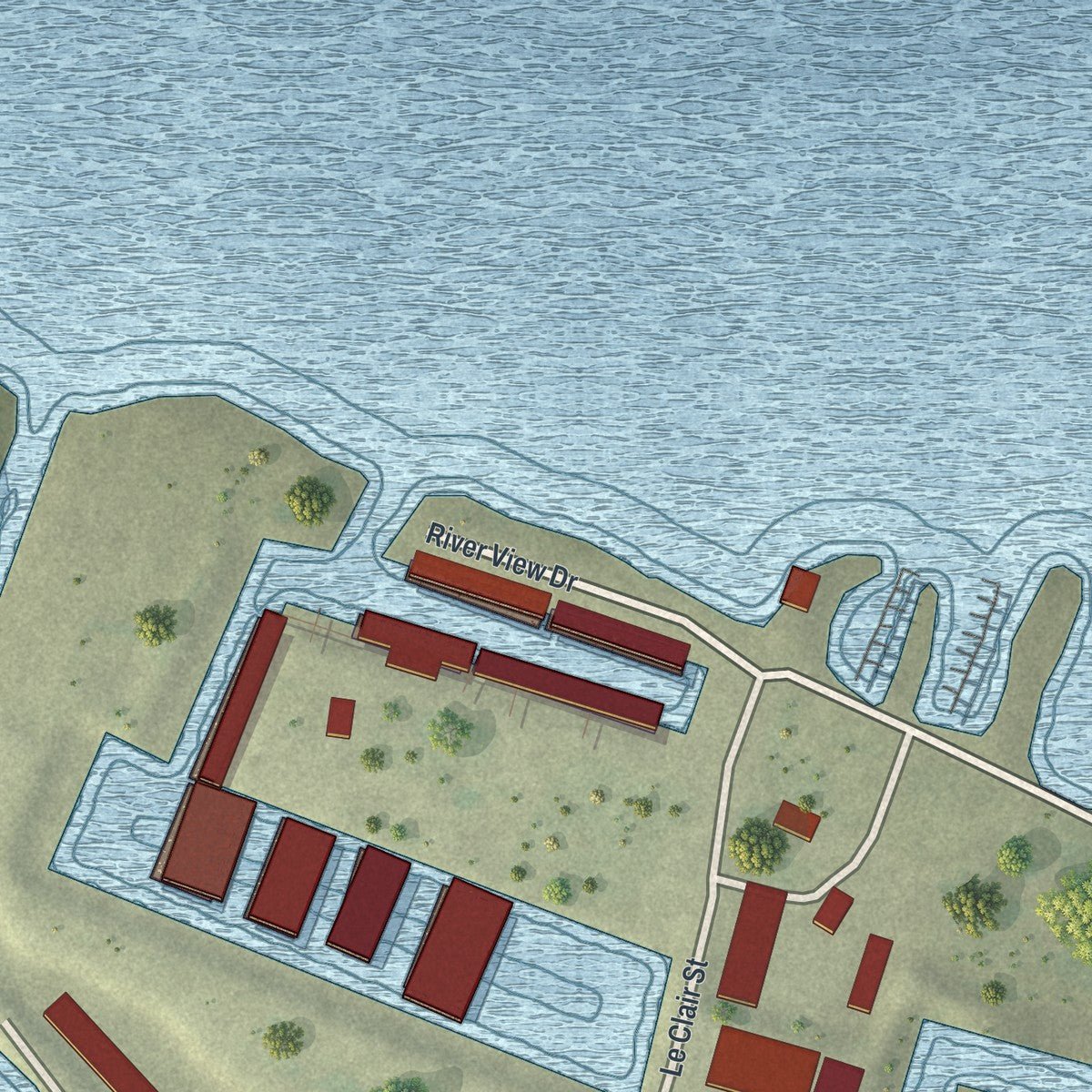 Close-up of the map of Portage Des Sioux, Missouri print showing street and building detail
