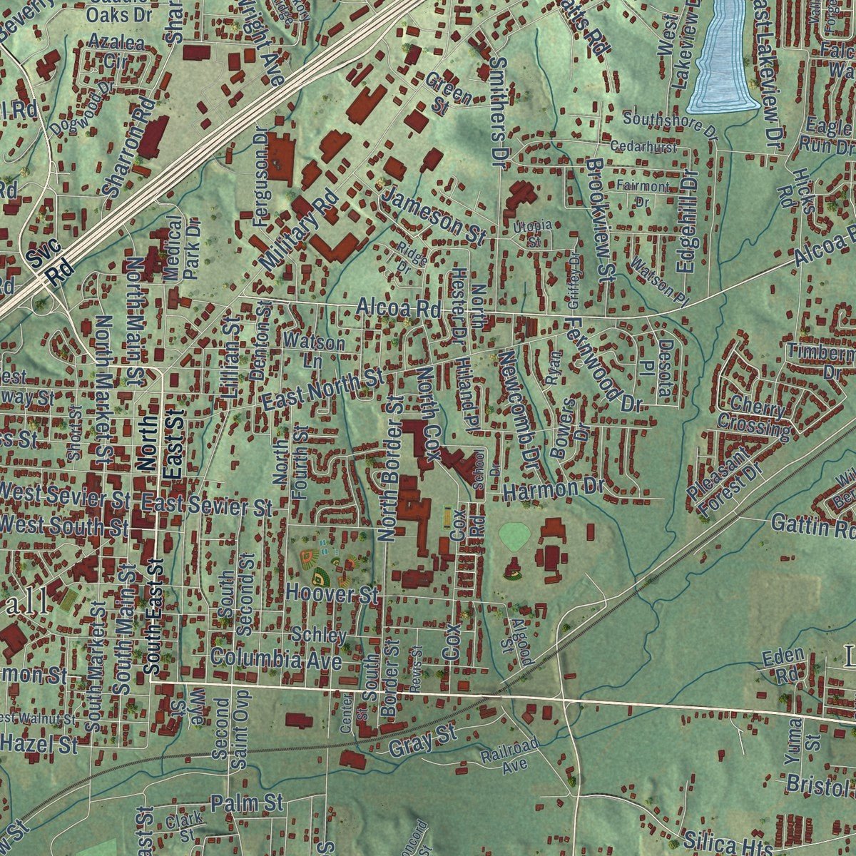 Close-up of the map of Benton, Arkansas print showing street and building detail