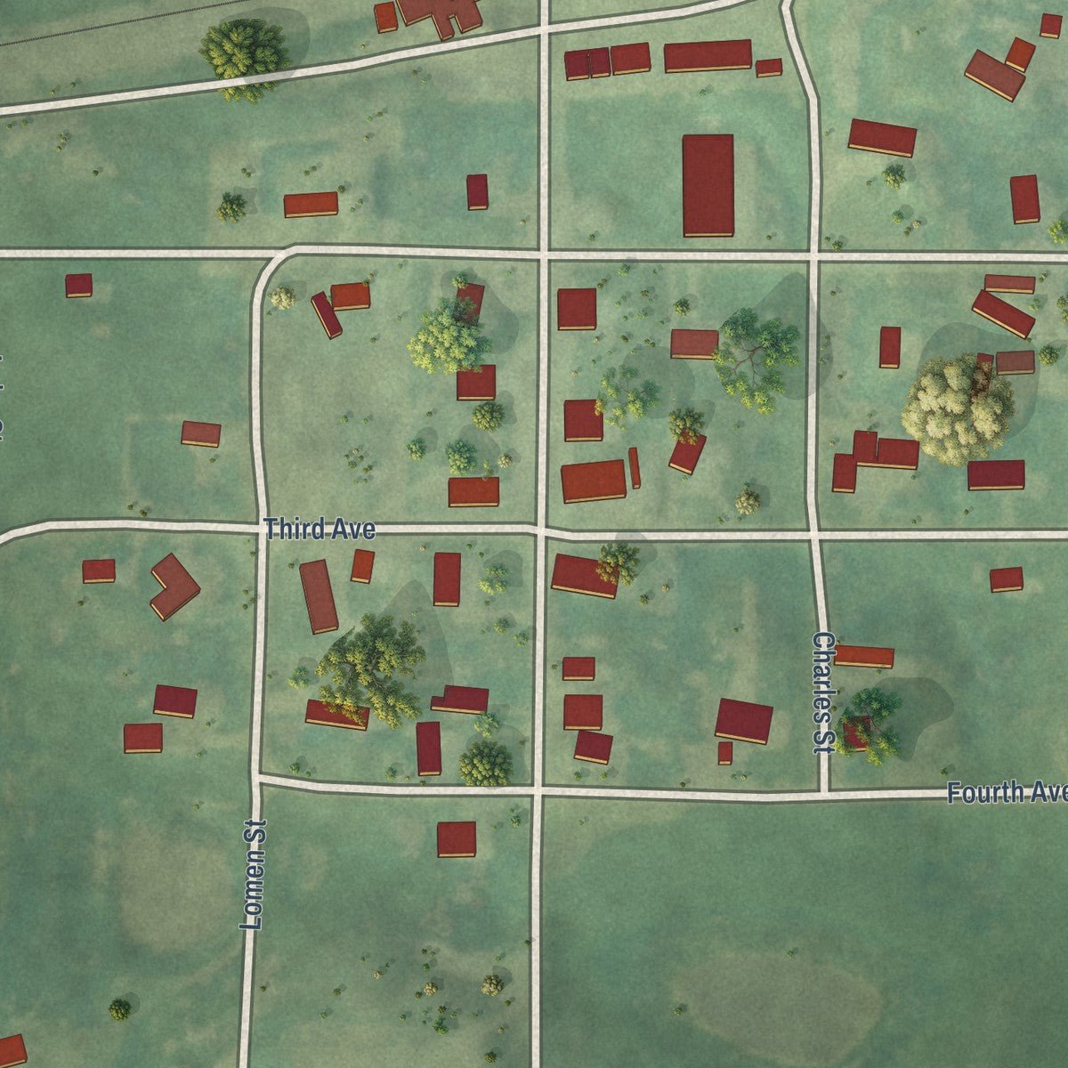 Close-up of the map of Benedict, North Dakota print showing street and building detail