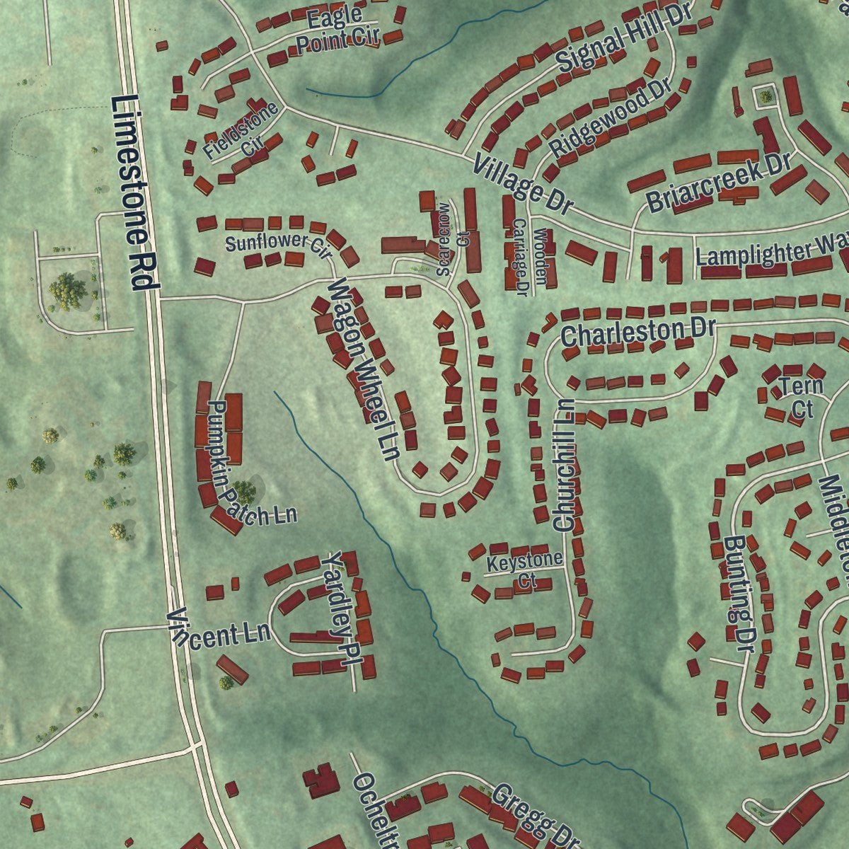 Close-up of the map of Pike Creek, Delaware print showing street and building detail