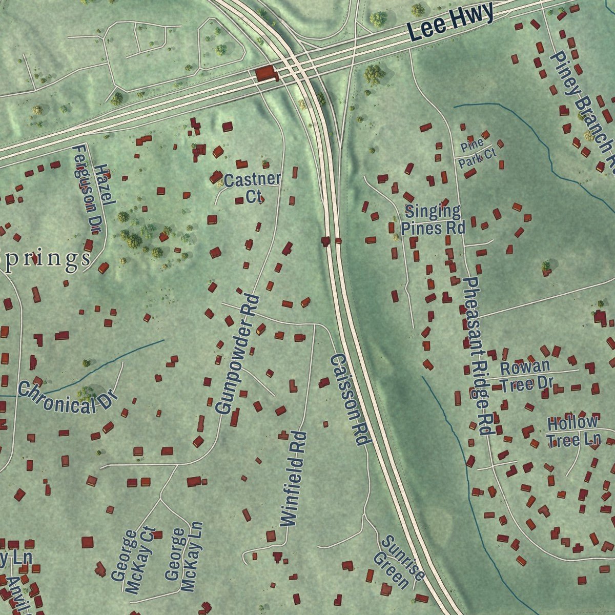 Close-up of the map of Braddock, Virginia print showing street and building detail