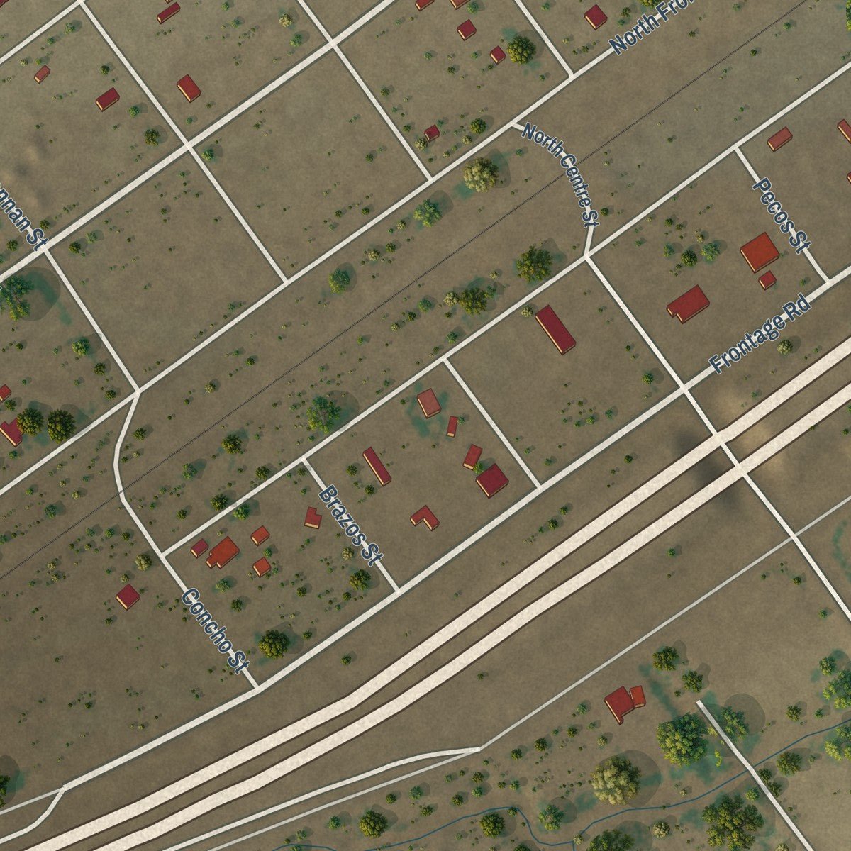 Close-up of the map of Toyah, Texas print showing street and building detail