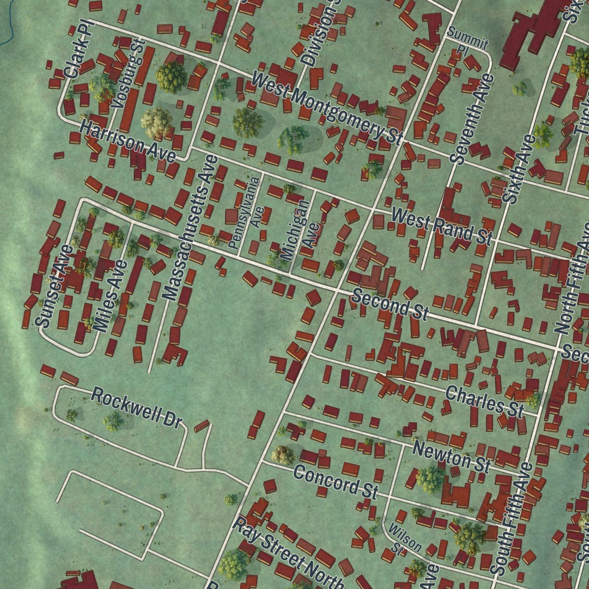 Close-up of the map of Ilion, New York print showing street and building detail